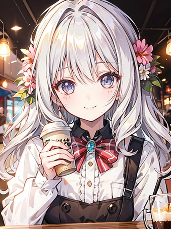 girl,Drinking coffee in a coffee shop,festival atmosphere,smile,Fluffy voluminous hair like a princess,main character&#39;aura,close up of face,Congratulations!🎊🎉