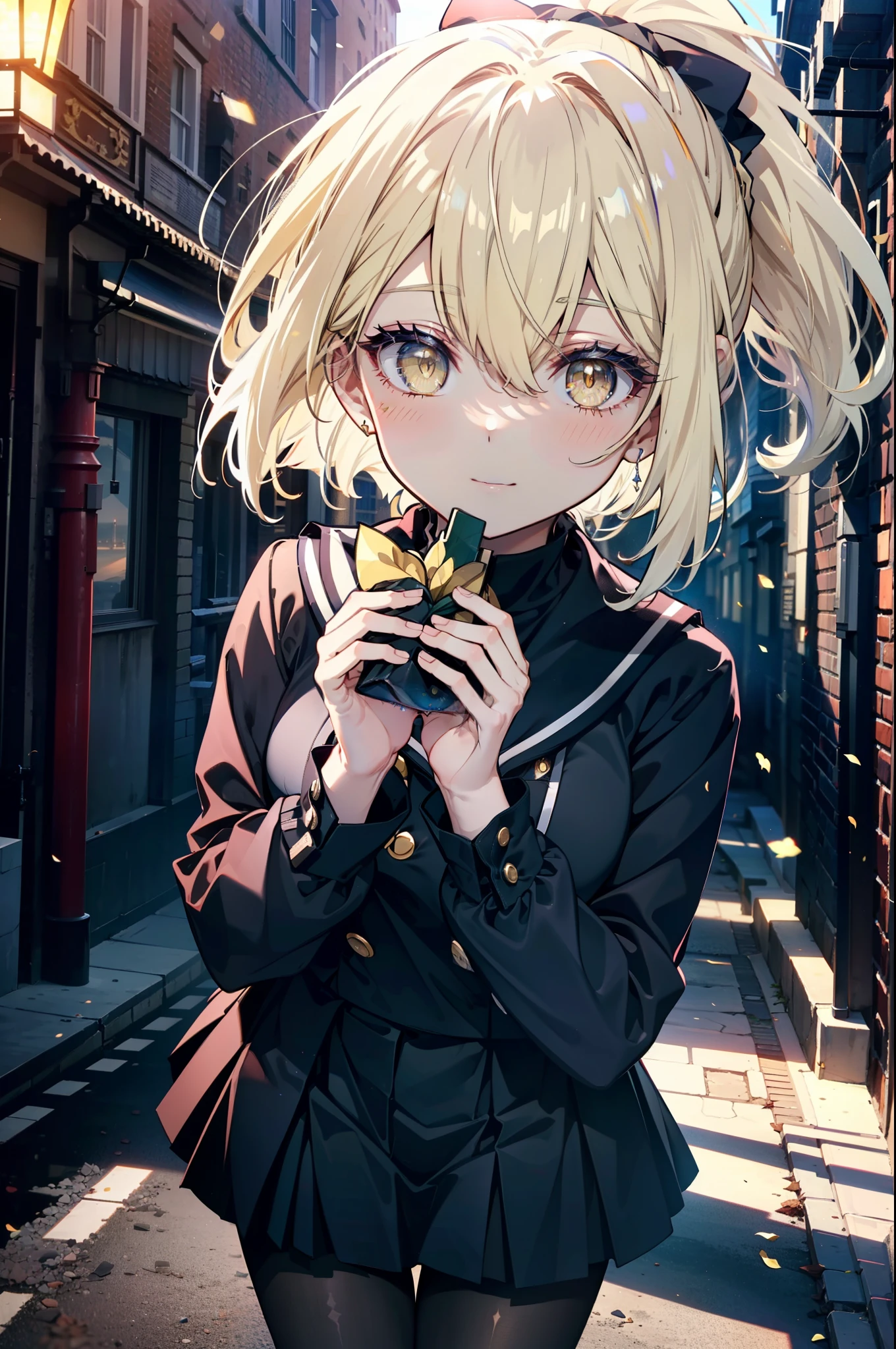 アイスWallenstein, Wallenstein, blonde hair, hair between eyes, hair band, long hair, (yellow eyes:1.5), ponytail,short braided hair,smile,blush,black sailor suit,black pleated skirt,black pantyhose,brown loafers,evening,sunset,break looking at viewer, break outdoors,city,building street, break (masterpiece:1.2), highest quality, High resolution, unity 8k wallpaper, (shape:0.8), (fine and beautiful eyes:1.6), highly detailed face, perfect lighting, Very detailed CG, (perfect hands, perfect anatomy),