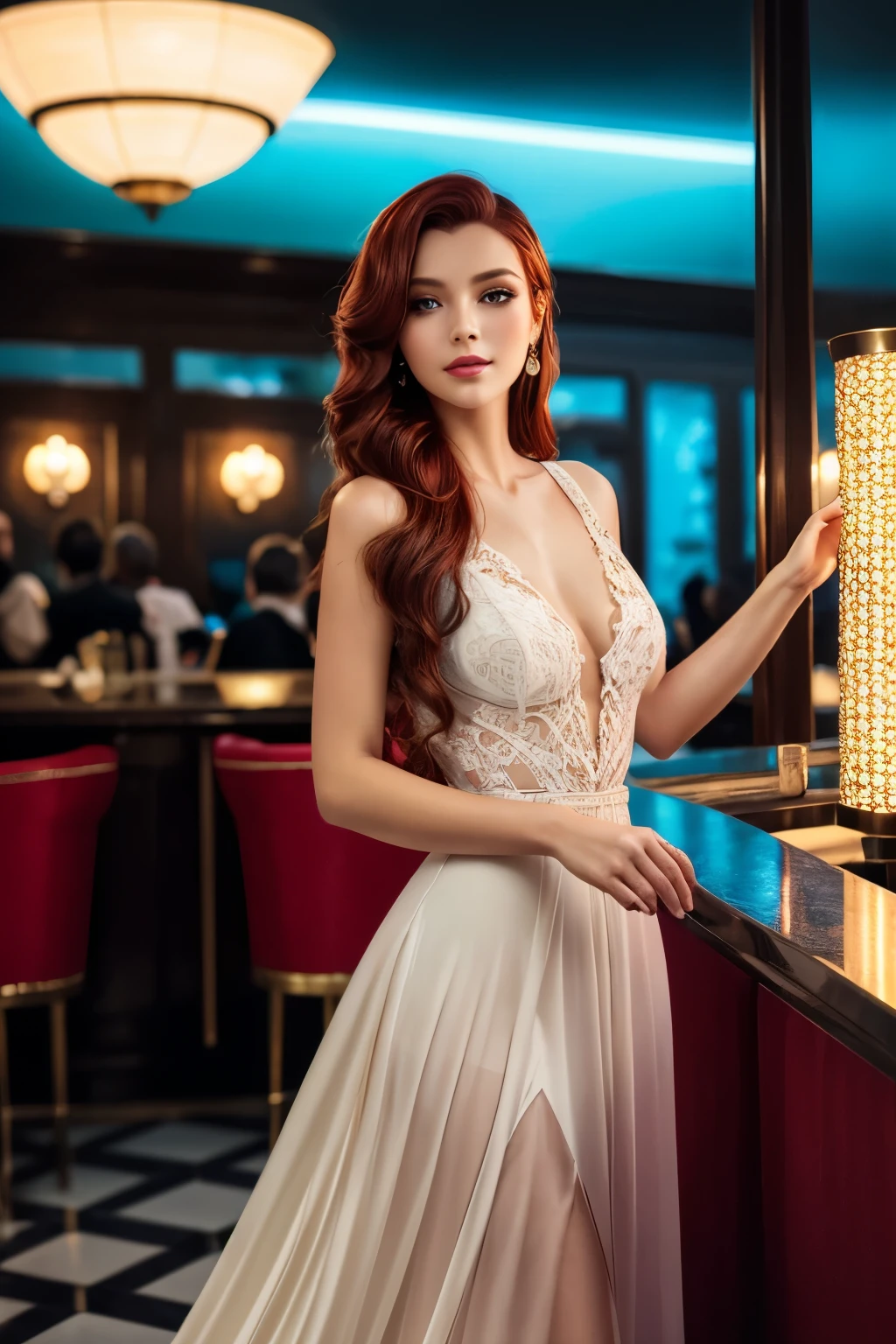 (best quality,highres,masterpiece:1.2),sexy redhead slim girl in luxury evening dress, dancing in a retro bar,(vivid colors,dynamic lighting),medium:oil painting, [retro],[atmospheric],dramatic shadows, [dazzling lights],[neon signs],[smoky atmosphere],sensual movements, [elegant], [sophisticated],[glamorous],[captivating],soft music in the background,[crowded], lively crowd, [polished floor], [reflections], [reflective surfaces], [exquisite details], long flowing red hair, [perfect figure],[attractive appearance], [confident and alluring expression], [subtle makeup],[charming eyes],[red lips],gentle breeze, [intimate setting], [nostalgic vibes],[timeless elegance],[illusion of movement], [atmosphere of excitement],[sense of anticipation],[sultry ambiance].