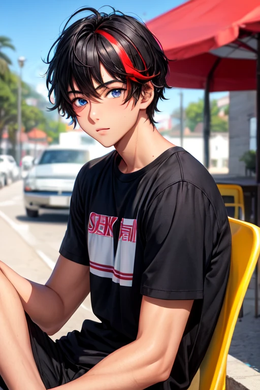 Young man, 19 years old, black hair with a red streak, blue eyes and tanned skin with a t-shirt.