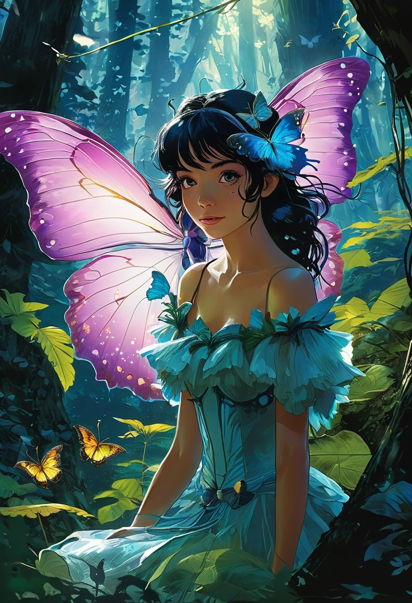Shadow art, digital illustration, comic style, Enchanted World, butterfly fairy, beau visage, forest, paillettes, réaliste
Art by Bernie Wrightson, Darek Zabrocki, Gabriele Dell'otto, Ai Yazawa, Alexi Bricot, Studio Ghibli Genshin Impact