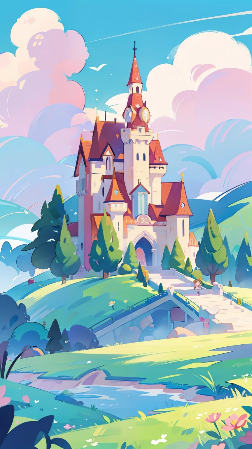 Coloring book illustration, Watercolor storybook illustration, Princess Castle, Fairy tale castle, Fairy tale tower, cloud, Vibrant pastel colors, Dream, rich and colorful, whimsical, magic, masterpiece, best quality, sharp focus, Intricately detailed environments, detailed, 8K resolution