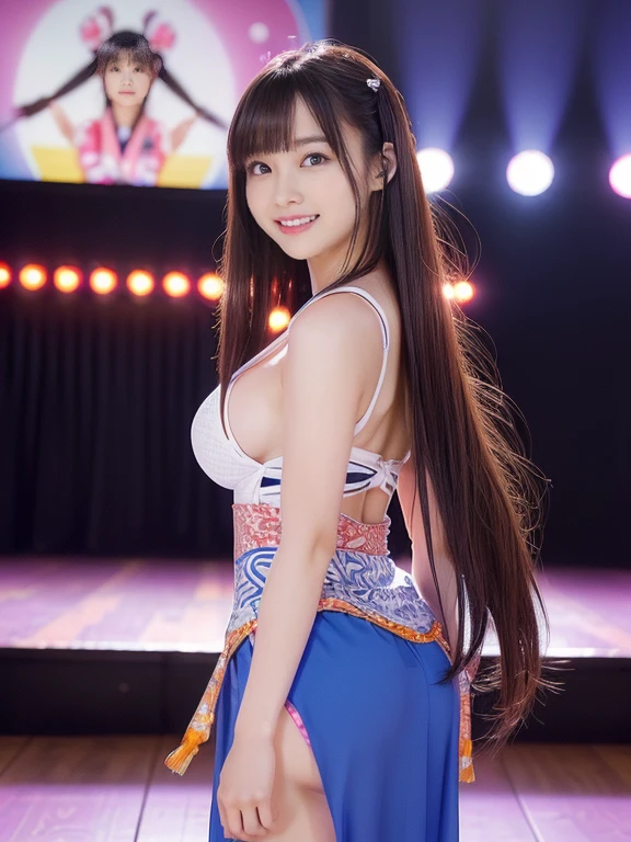 Raw photo、A girl stands on a large raised stage、big breasts、concert venue、singing and dancing)bright smile( girl、small face、very beautiful face、idol makeup)(((super fair skin、Whitening skin、pure white skin))) realistic skin(sparkling eyes)big breasts、thin waist、long legs、big ass (red hair、long straight hair、hair behind ears、beautiful hair、smooth hair)She performs a solo on stage(((Kunoichi、Ninja costume with detailed, beautiful and colorful patterns、big breasts))))Ninja house background((The atmosphere is colorful concert lights,Upper Light、 Create a seductive glow around her))Her adorable look、shot from below、Full body view from behind