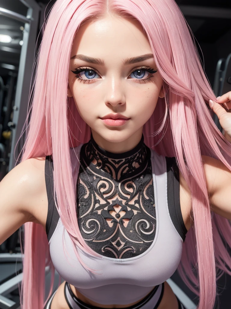 (best quality, masterpiece:1.2), photorealistic, ultra high res, (beautiful detailed eyes:1.3), reflections in eyes, symmetrical eyes, (beautifully detailed face:1.3), detailed lips:1, detailed iris, detailed skin:1, absurdres, dynamic angle, seductive pose, (tight sexy gym outfit:1.3), (1girl, skinny, most beautiful, cute, (gorgeous face:1.3), eyeliner, blush, big lips:1.9, long pink hair, silver eyes, slim waist, narrow shoulders, short torso, soft thighs), nature scene,