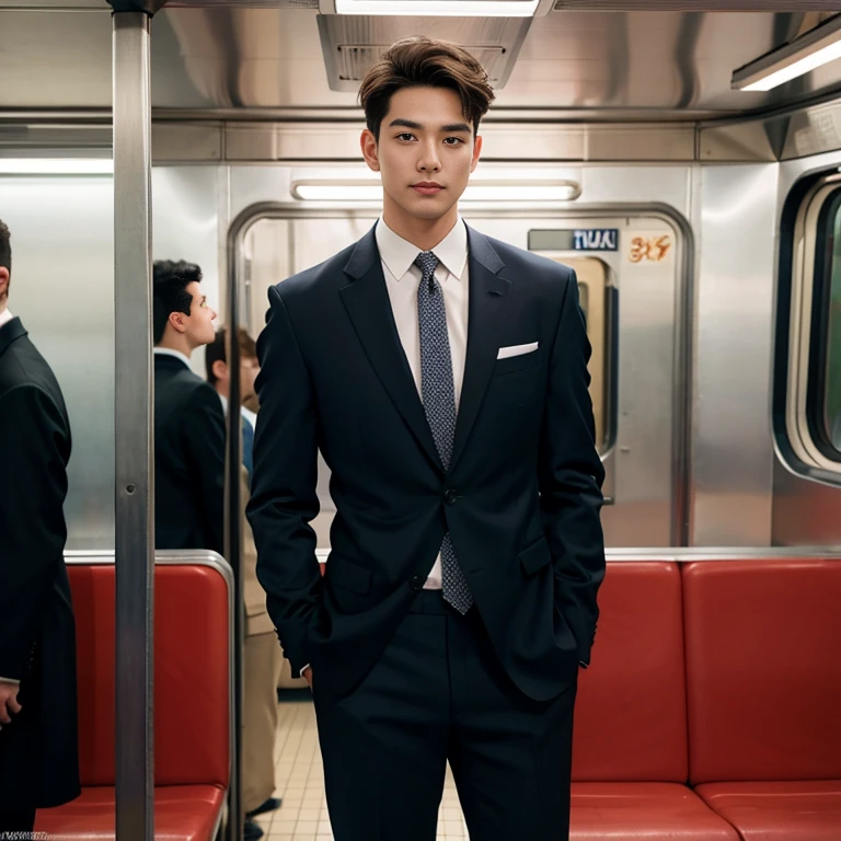man in the subway,Standing in a subway car,Ultra-flat head,Wearing a sexy suit,huge bulge, leg apart,musculous,Handsome, pervert smirk,exhilarated,full bodyesbian,Exposing thighs, In crowded subway cars, 16k resolution , ultra-high clarity , hyperrealism , ultra hd picture , uhd , details face , details , handsome man , high quality , nsfw , sexy , bare thighs