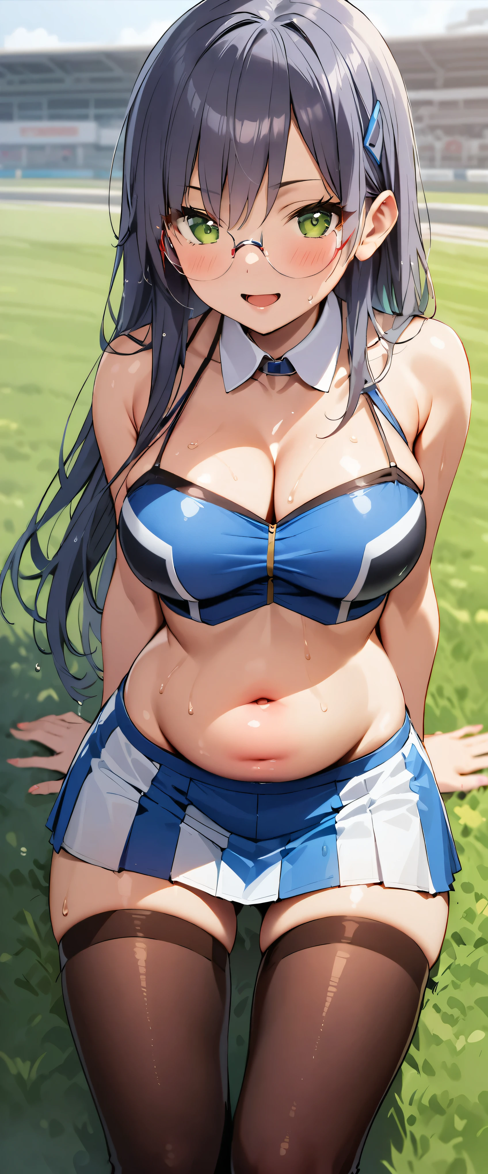 1 female,black hair,18-year-old,(((Shiny race queen uniform with exposed belly button)))(((blush、open mouth smile)),(((straight hair))),,,(wet with sweat)(leather thigh high boots)(((beautiful breasts)))((Tight Skirt))((crop top))glasses,race track
