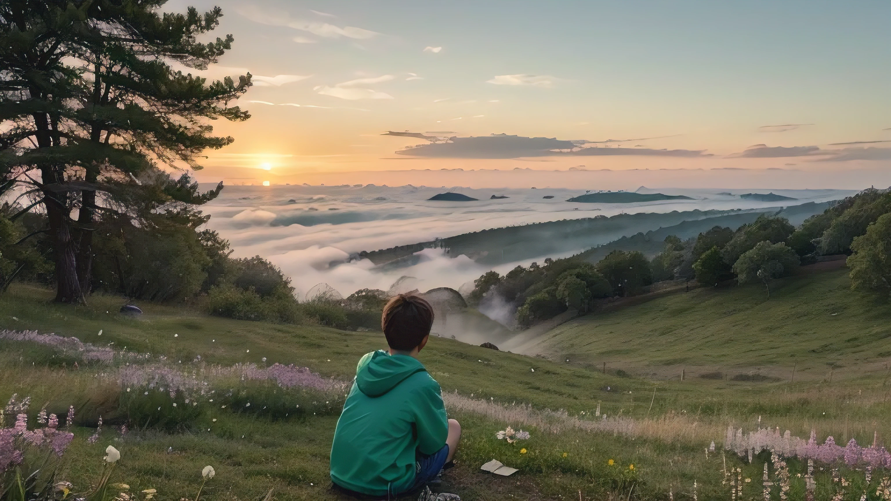 (light morning fog in the distance):1.2335, First-person view, (POV:1/5), an 8--old  in blue shorts and blue children's sandals sits on a high cliff and looks down, below him stretches a spring meadow with the first spring flowers and young green grass, the first spring insects circle over the flowers, trees and shrubs grow on the edge of the clearing, spring flowers on the trees, green buds are swelling on the shrubs, early vesta, morning, the sun is just beginning to rise on the distant horizon, coloring the sky pinkish, Spring Morning, Beautiful Spring Morning, palette of early spring morning, (masterpiece:1.305), (high resolution:1.305), 32k, (digital art:1.1), smoothing of textures