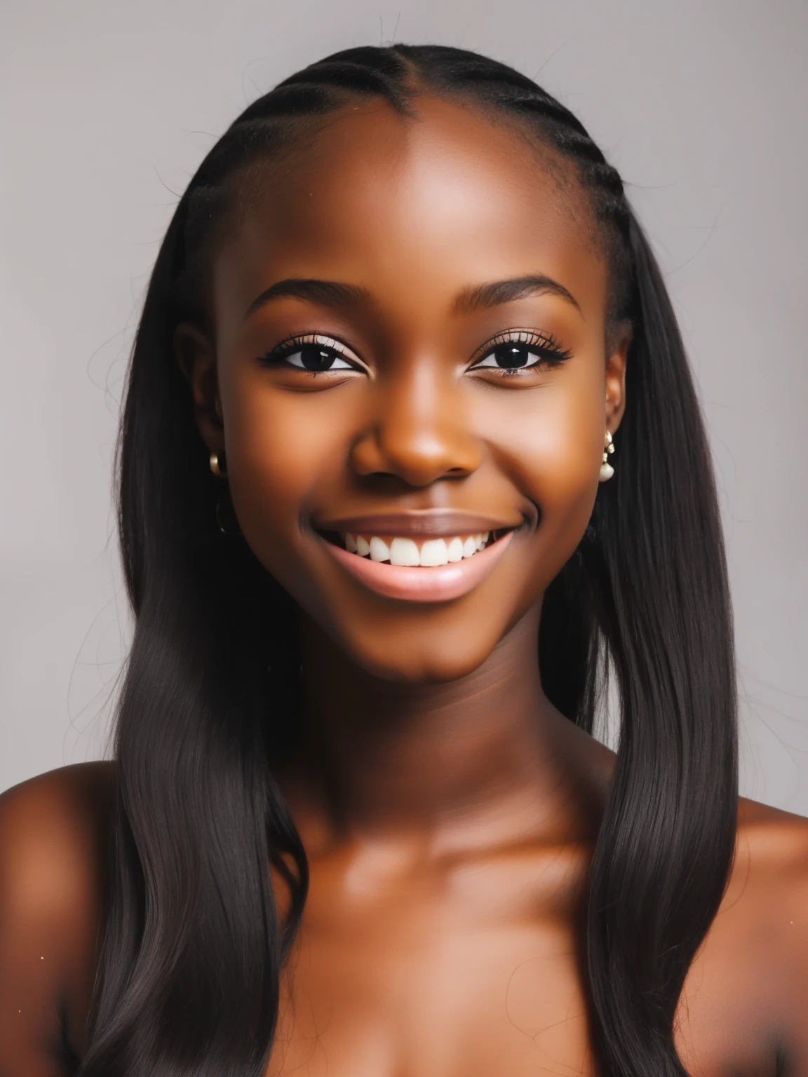 African girl young undetremely very dark skin, long hair, perfect lips perfect mouth perfect teeth shocked face
