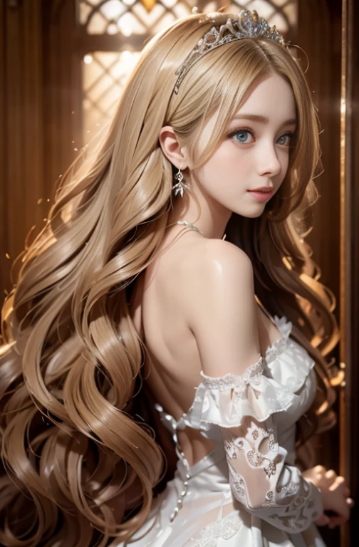((RAW shooting:1.5, realistic:1.5, 8K, highest quality, masterpiece, ultra high resolution)), Inside a luxurious British royal palace, professional camera work:1.3, Highly detailed skin and facial textures:1.3, glow light effect, Super detailed:1.3, cute 15 year old british princess, Fair skin, Glossy skin, (elegant:1.4, small face), ultimate cute face:1.5, (cute eyes:0.9, looking far away), smile:1.0, (mouth is slightly open:0.4, Clean and refreshing taste:0.7), double eyelid, ((Super long white blonde curly hair)), tiara, necklace and earrings, ((elegantで光沢のあるサテンのプリンセスドレスをオフショルダーで正しく着こなす方法)), big breasts, cowboy shot, ((sunrise, sunlight shining from behind:1.6, Strong sunlight spreads across the screen:1.6)), ((Strong sunlight shines on the woman:1.7))