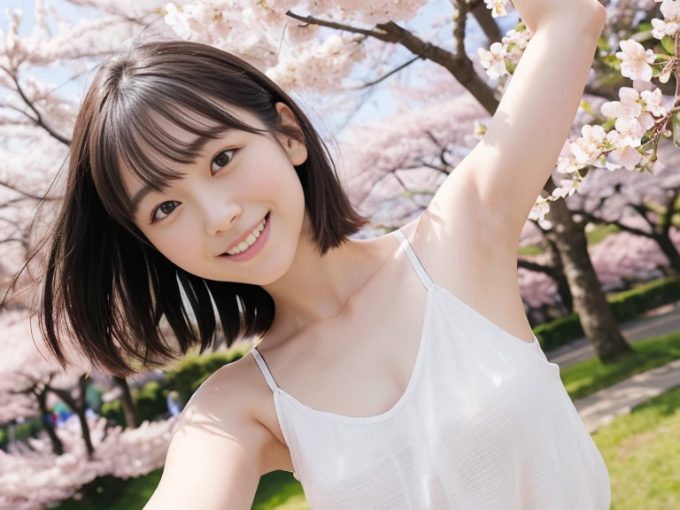 (Close-up of a girl with small breasts and short hair in a camisole:1.5)、(The girl spreads her arms wide with a small smile、Let your hair fly in the wind :1.5)、(Rows of cherry blossom trees in full bloom and cherry blossom petals dancing in the wind:1.5)、(perfect anatomy:1.3)、(no mask:1.3)、(full finger:1.3)、(cleavage)、realistic、photo shoot、table top、highest quality、High resolution, delicate and beautiful、perfect face、detailed and beautiful eyes、Fair skin、real human skin、pores、((thin legs))、(black hair)、Low - Angle、I can see my belly button