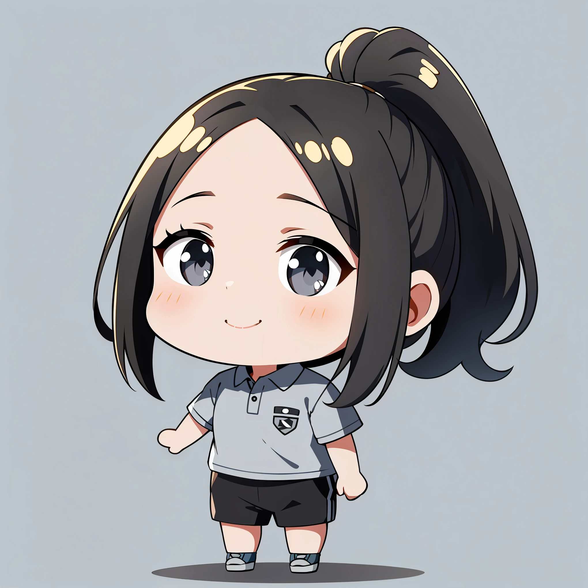 High quality、Foreheadだし、chignon、ponytail、Long bangs、brown hair、short hair、70-30 split、Forehead、berry show and、Forehead出す、Deco Dashi、7さんdivision、Forehead、bangs ear hook、smile、Grey polo shirt、,Bangs wear over the earssmile、Grey polo shirt、chibi character、black long pants、ponytail、simple background、beautiful and detailed eyes、Grey polo shirt、shoes、Tie your hair at the back、hair is 7３division、70-30 split、Foreheadは出す、Forehead,Bangs wear over the ears、No bangs
