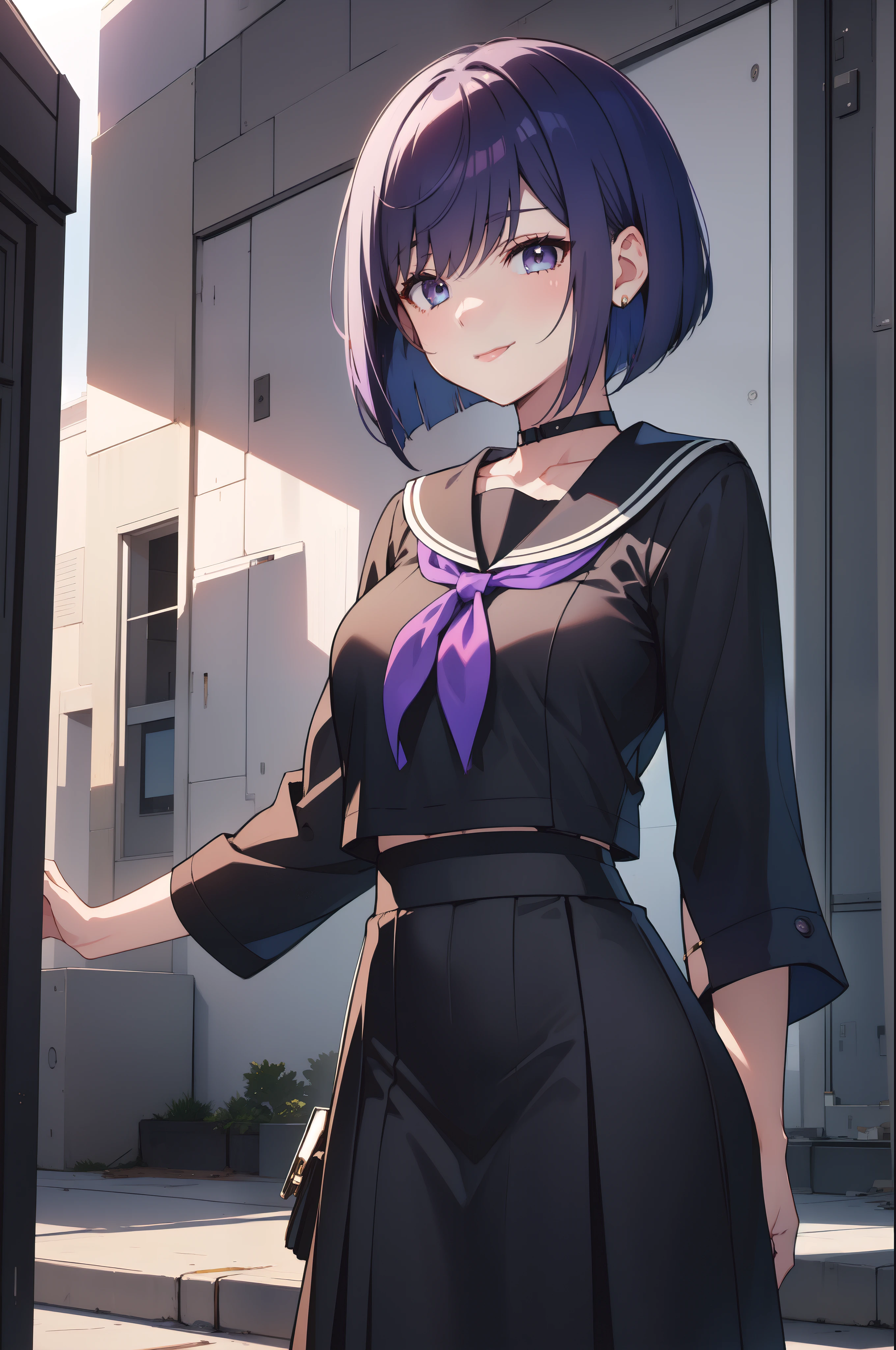 masterpiece, best quality, highres, amsekai, purple eyes, blue eyes, vibrant short purple hair, bobhair, short-hair, short bob hair, (((bobcut))), bob haircut, very short bob cut, lip length hair, blunt ends, (sliced_bob), buzzed nape ((haircut:1.3)), undercut, bobbed hair, minibob, sidecut, shaved, graduation bob, straight short hair, short hair above the ears, serafuku, black sailor collar, choker, blue neckerchief, black shirt, black skirt, long skirt, smile, (closed mouth:1.1)