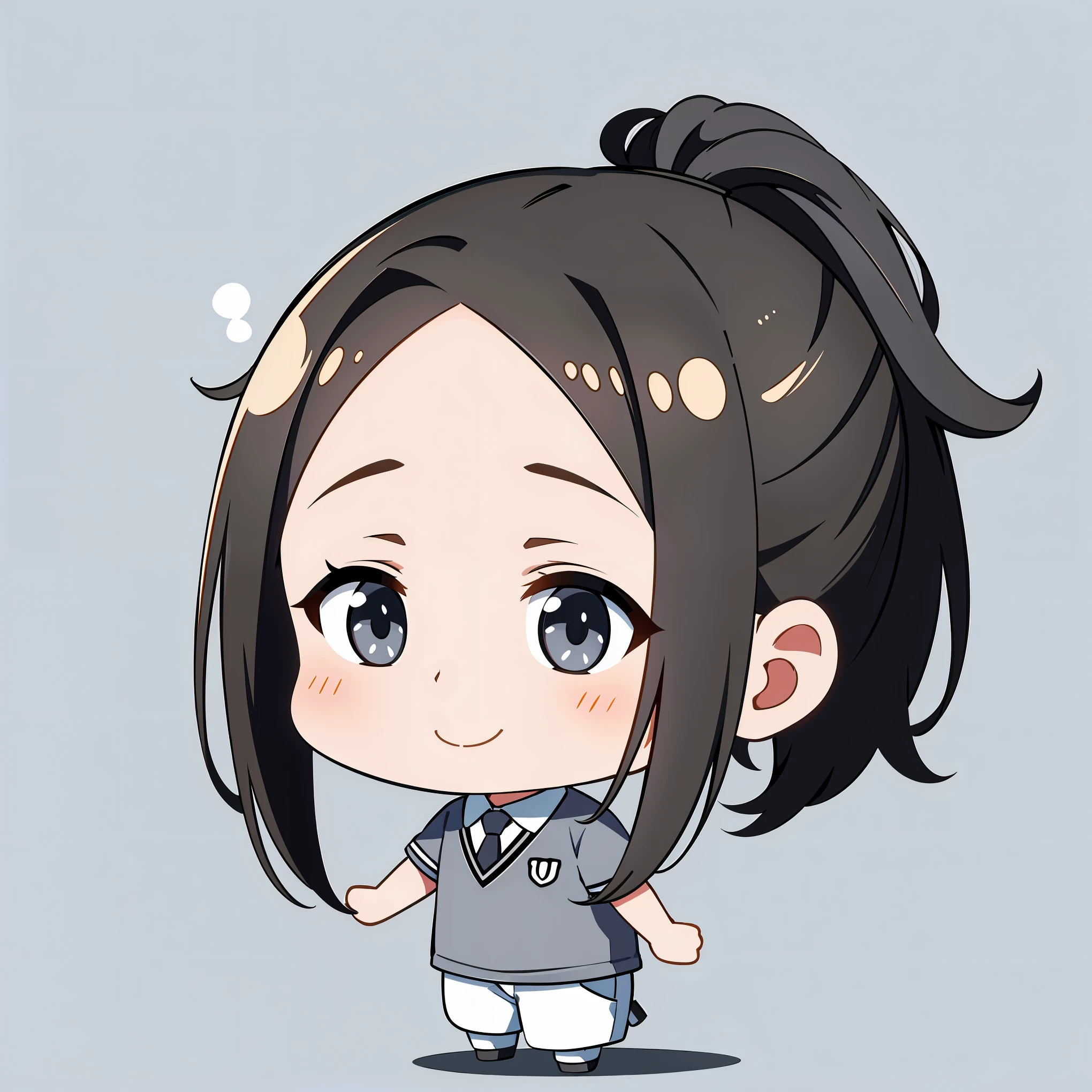 High quality、Foreheadだし、chignon、ponytail、Long bangs、brown hair、short hair、70-30 split、Forehead、berry show and、Forehead出す、Deco Dashi、7さんdivision、Forehead、bangs ear hook、smile、Grey polo shirt、,Bangs wear over the earssmile、Grey polo shirt、chibi character、black long pants、ponytail、simple background、beautiful and detailed eyes、Grey polo shirt、shoes、Tie your hair at the back、hair is 73division、70-30 split、Foreheadは出す、Forehead,Bangs wear over the ears、No bangs