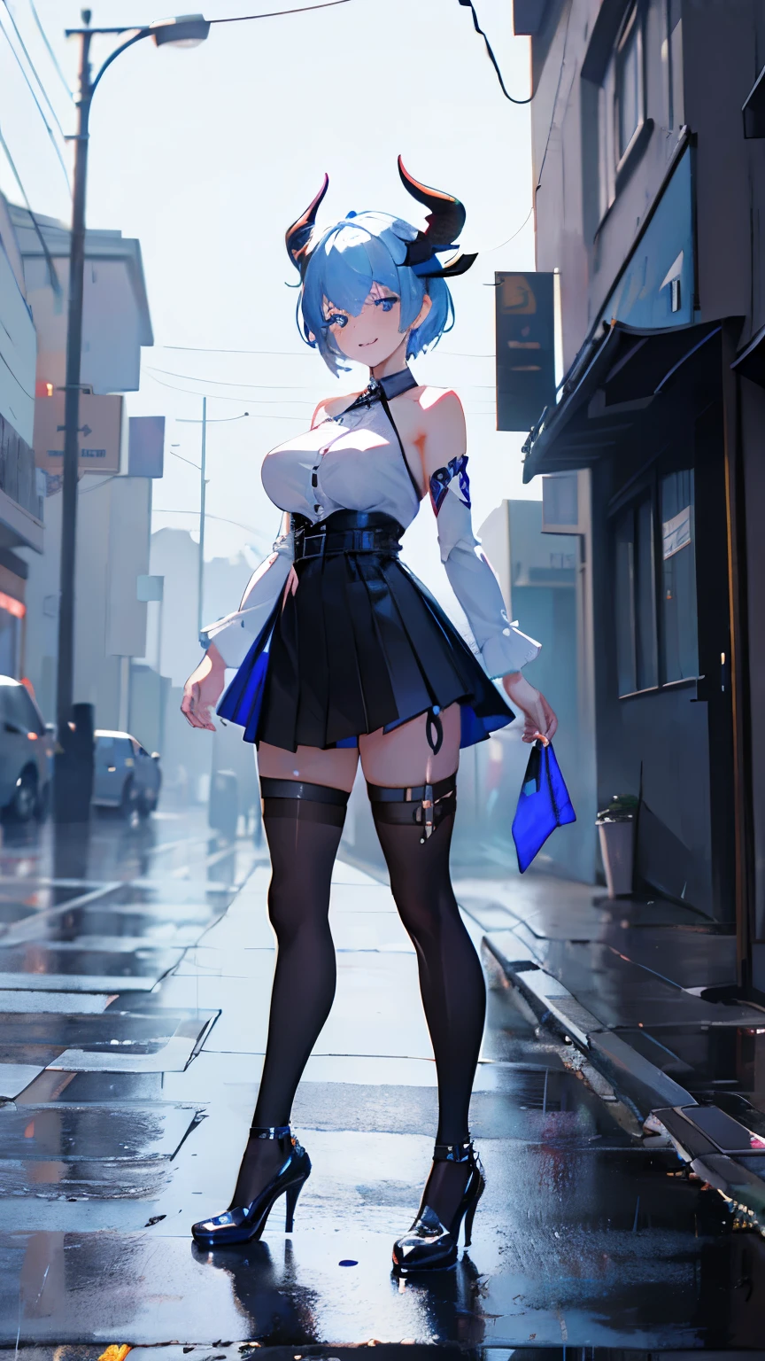 ,1girl,(black legwear),blue hair, grin, smile, teeth, short hair,hair hair between eyes,standing, horns,**** top,bare shoulders,bare hands,white **** top,large breasts,(full body:1.2),white short skirt,white high heels,stretching,outdoors,street,rain,wphoto,mobile phone photography,high definition pixels,8k,hdr,realistic texture,