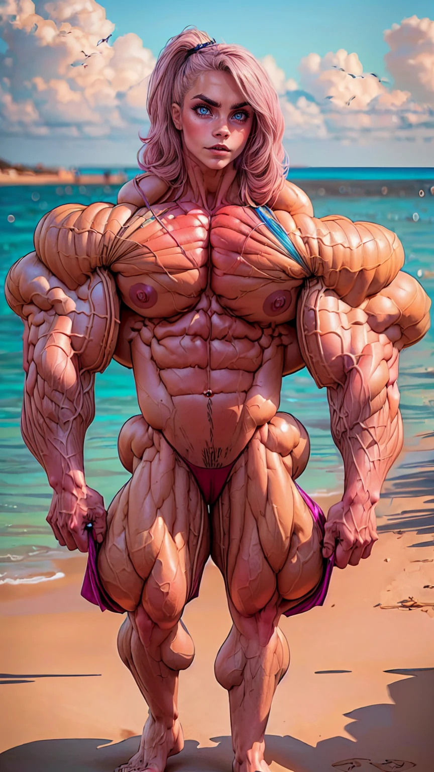 (1 girl:1.25), (cara delevingne:1.25), (a photo of a bodybuilder girl naked on the beach:1.25), (long pink hair:1.25), (huge upper body:1.25), (wide shoulders:1.45), (huge muscular arms:1.25,) (10-pack abs:1.25), (skinny legs), Realistic, Very detailed face and eyes, masterpiece