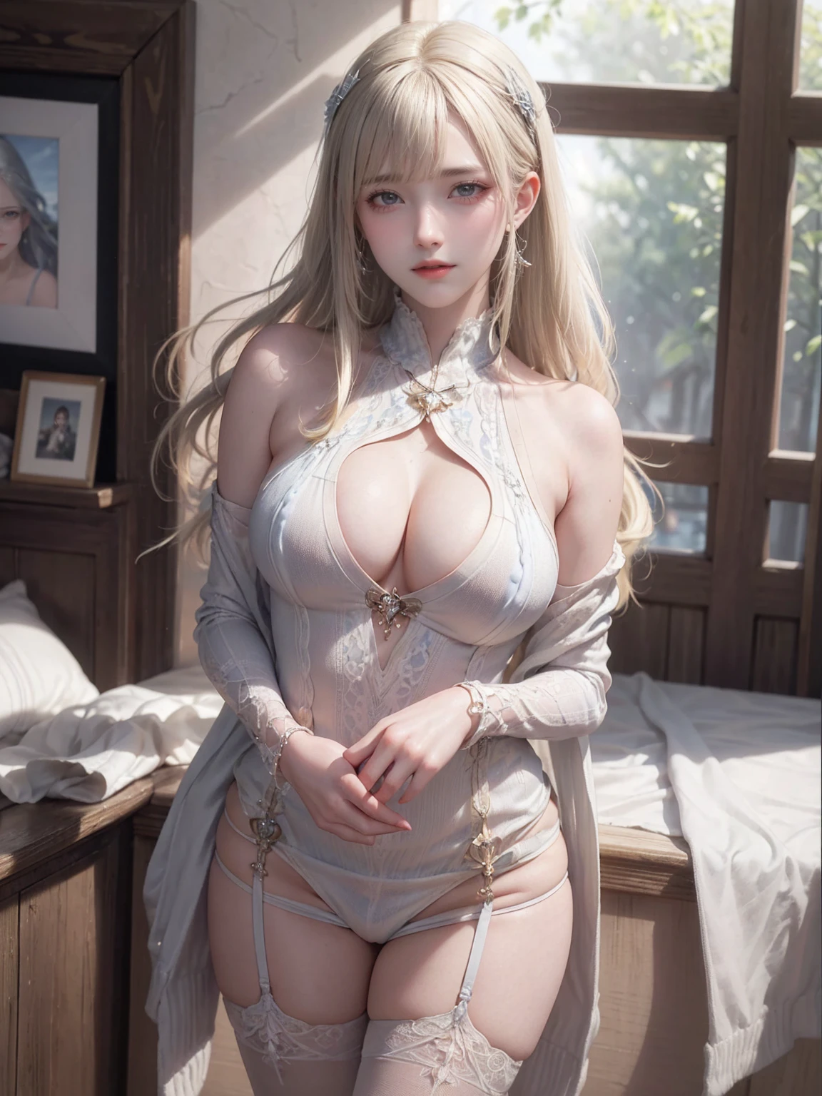 (masterpiece, best quality:1.4),  (modern days), (cowboy shot), 1girl, solo, pov, sfw,wife,

NSFW,Stockings,stunning wife, (standing:1.1), dynamic pose, (white oversized sweater, knit sweater),wear revealing,underwear, long blonde hair, swept bangs, heart shaped face, elegant face, beautiful face, highly detailed face, highly detailed skin, skin pores, subsurface scattering, (detailed blue eyes), realistic pupils, large breast1.6, loving smile, looking at viewer, full face blush, full lips, centered,                  
 Holding the book, in the bedroom, sunny day, wind, detailed background, depth of field, atmospheric perspective, volumetric lighting, sharp focus, black hair

absurdres, realistic proportions, good anatomy, (realistic, hyperrealistic:1.4), 16k hdr,wear glasses,