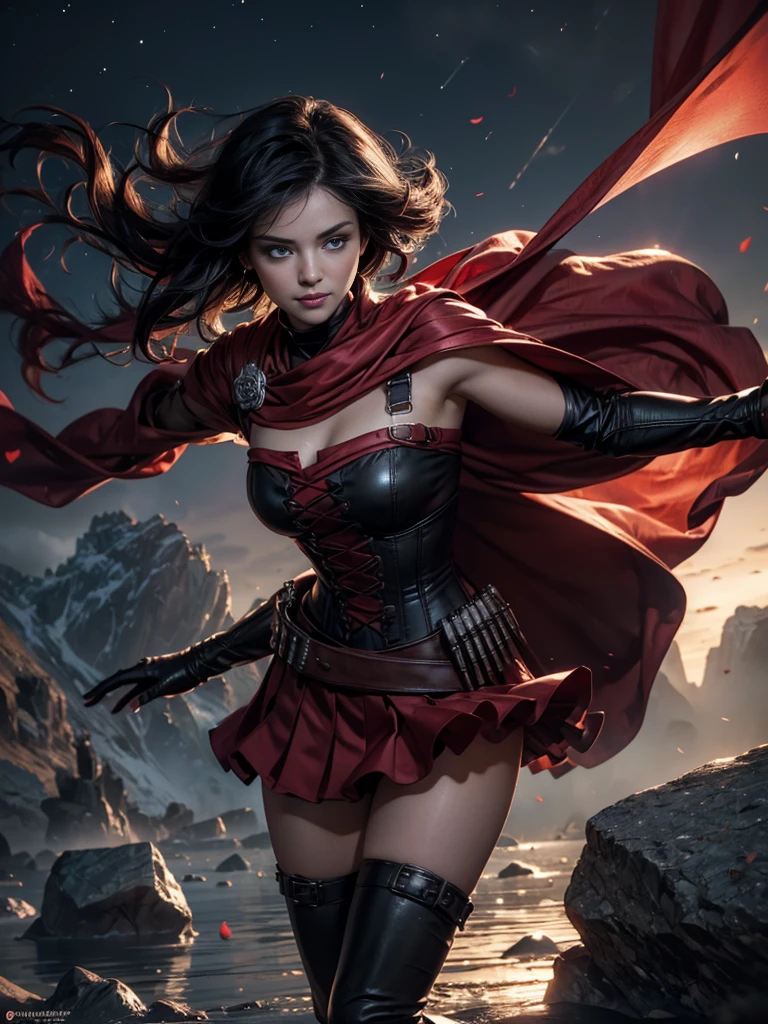 (masterpiece,stunning girlfriend, (standing:1.1), dynamic pose, heart shaped face,elegant face, beautiful face, highly detailed face, highly detailed skin, skin pores, subsurface scattering, realistic pupils, loving smile, looking at viewer, full lips, detailed background, depth of field, atmospheric perspective, volumetric lighting, sharp focus, absurdres, realistic proportions, good anatomy, (realistic, hyperrealistic:1.4), 16k hdr, 1girl,atlasrose, (short black hair), gradient hair, grey eyes, red cape, white shirt, pantyhose, belt, red skirt, corset, thigh boots, fingerless gloves,masterpiece,best quality,extremely detailed, rose petals, wind, evening, stars, standing, in cave entrance, undergound pool, rocks