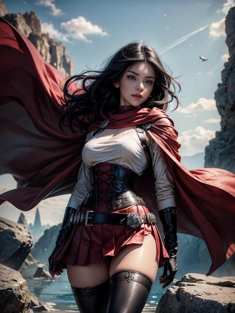 (masterpiece,stunning girlfriend, (standing:1.1), dynamic pose, heart shaped face,elegant face, beautiful face, highly detailed face, highly detailed skin, skin pores, subsurface scattering, realistic pupils, loving smile, looking at viewer, full lips, detailed background, depth of field, atmospheric perspective, volumetric lighting, sharp focus, absurdres, realistic proportions, good anatomy, (realistic, hyperrealistic:1.4), 16k hdr, 1girl,atlasrose, (short black hair), gradient hair, grey eyes, red cape, white shirt, pantyhose, belt, red skirt, corset, thigh boots, fingerless gloves,masterpiece,best quality,extremely detailed, rose petals, wind, evening, stars, standing, in cave entrance, undergound pool, rocks