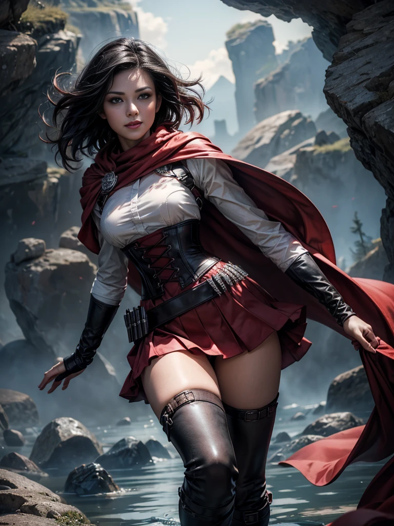 (masterpiece,stunning girlfriend, (standing:1.1), dynamic pose, heart shaped face,elegant face, beautiful face, highly detailed face, highly detailed skin, skin pores, subsurface scattering, realistic pupils, loving smile, looking at viewer, full lips, detailed background, depth of field, atmospheric perspective, volumetric lighting, sharp focus, absurdres, realistic proportions, good anatomy, (realistic, hyperrealistic:1.4), 16k hdr, 1girl,atlasrose, (short black hair), gradient hair, grey eyes, red cape, white shirt, pantyhose, belt, red skirt, corset, thigh boots, fingerless gloves,masterpiece,best quality,extremely detailed, rose petals, wind, evening, stars, standing, in cave entrance, undergound pool, rocks