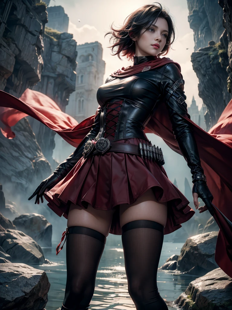 (masterpiece,stunning girlfriend, (standing:1.1), dynamic pose, heart shaped face,elegant face, beautiful face, highly detailed face, highly detailed skin, skin pores, subsurface scattering, realistic pupils, loving smile, looking at viewer, full lips, detailed background, depth of field, atmospheric perspective, volumetric lighting, sharp focus, absurdres, realistic proportions, good anatomy, (realistic, hyperrealistic:1.4), 16k hdr, 1girl,atlasrose, (short black hair), gradient hair, grey eyes, red cape, white shirt, pantyhose, belt, red skirt, corset, thigh boots, fingerless gloves,masterpiece,best quality,extremely detailed, rose petals, wind, evening, stars, standing, in cave entrance, undergound pool, rocks