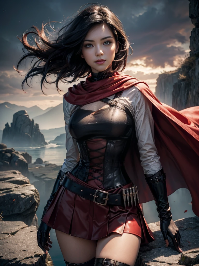 (masterpiece,stunning girlfriend, (standing:1.1), dynamic pose, heart shaped face,elegant face, beautiful face, highly detailed face, highly detailed skin, skin pores, subsurface scattering, realistic pupils, loving smile, looking at viewer, full lips, detailed background, depth of field, atmospheric perspective, volumetric lighting, sharp focus, absurdres, realistic proportions, good anatomy, (realistic, hyperrealistic:1.4), 16k hdr, 1girl,atlasrose, (short black hair), gradient hair, grey eyes, red cape, white shirt, pantyhose, belt, red skirt, corset, thigh boots, fingerless gloves,masterpiece,best quality,extremely detailed, rose petals, wind, evening, stars, standing, in cave entrance, undergound pool, rocks