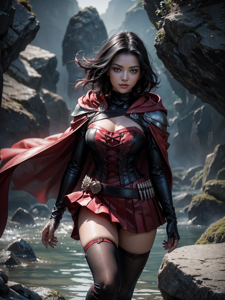 (masterpiece,stunning girlfriend, (standing:1.1), dynamic pose, heart shaped face,elegant face, beautiful face, highly detailed face, highly detailed skin, skin pores, subsurface scattering, realistic pupils, loving smile, looking at viewer, full lips, detailed background, depth of field, atmospheric perspective, volumetric lighting, sharp focus, absurdres, realistic proportions, good anatomy, (realistic, hyperrealistic:1.4), 16k hdr, 1girl,atlasrose, (short black hair), gradient hair, grey eyes, red cape, white shirt, pantyhose, belt, red skirt, corset, thigh boots, fingerless gloves,masterpiece,best quality,extremely detailed, rose petals, wind, evening, stars, standing, in cave entrance, undergound pool, rocks