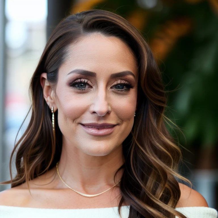 piercing eyes, looking straight, a 36 year old cute BrittBaker very happy, wearing an off-shoulder sweater, choker, closeup portrait, in a outdoor cafe in 2015, afternoon light,