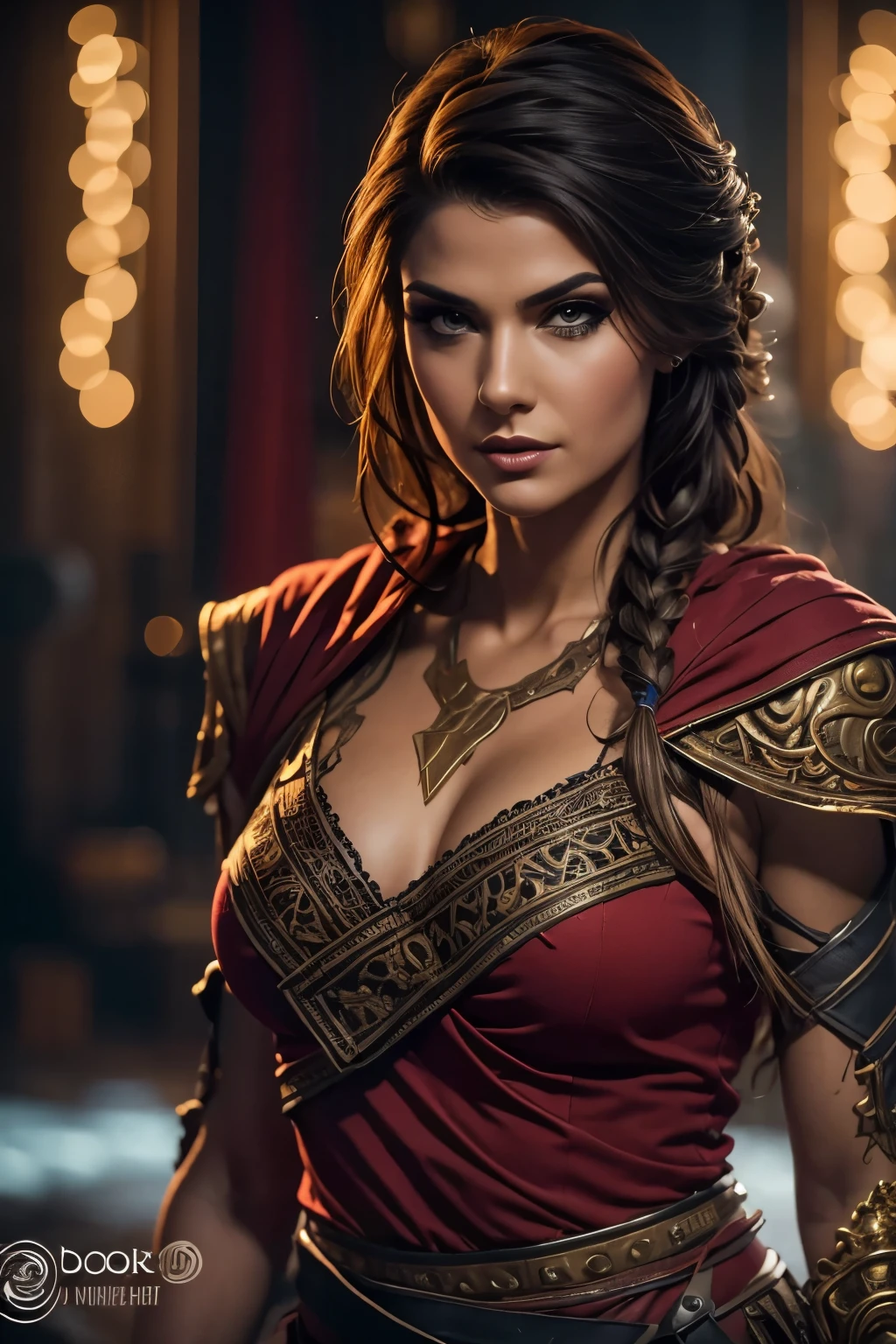 (best quality,ultra-detailed,realistic:1.37),(HDR,UHD,studio lighting),(portraits),(vivid colors),(warm color tones),(soft,moody lighting),(sharp focus),(bokeh),Kassandra,Assassin's Creed Universe,Kassandra's stunning face,Kassandra's piercing eyes,Kassandra's alluring gaze,Kassandra's seductive lips,Kassandra's flowing hair,Kassandra's confident and provocative smile,mysterious atmosphere,dark and gritty background,tattoos on Kassandra's body,ornate assassin gear,fierce and powerful stance,sparkling jewelry,dramatic lighting to accentuate facial features,subtle makeup,subtle hints of smoke or mist,nighttime setting,embers glowing in the background,subtle moonlight bathing the scene