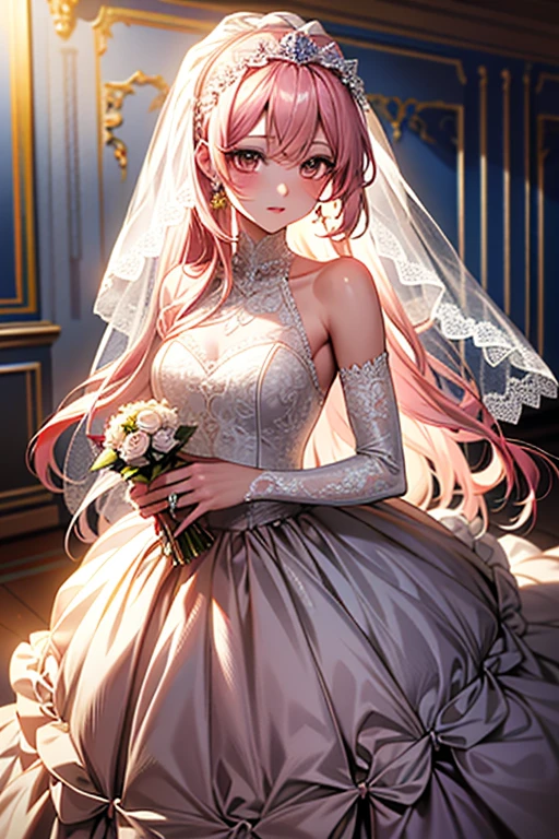 (masterpiece), highest quality, highest quality, Highly detailed CG Unity 8K wallpaper, original, High resolution, (Depth of the bounds written: 1.5), fidelity: 1.3, chest, bride portrait style, 1 girl, curtain, veil , bridal veil, Wedding dress, curtain, jewelry, alone, earrings, teeth, bride, light pink_hair、long hair、lift up the skirt、