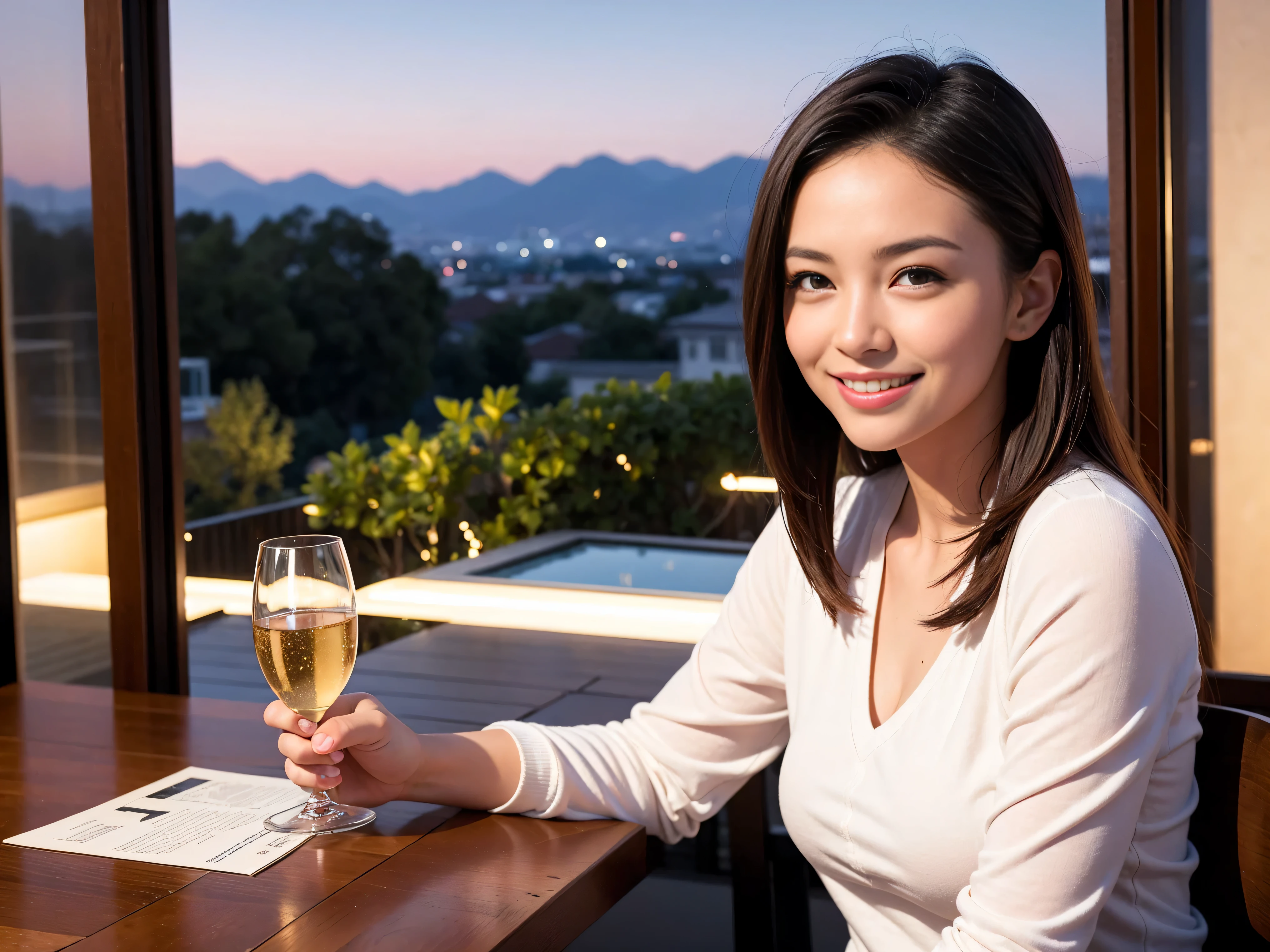 K, UHD, highest quality, masterpiece: 1.2), (realistic, photorealistic: 1.37), Spectacular view of the sunset sky and clouds、Amazing mountain views、A bright smile、3 slim beauties, (slim face),Happy、 the best smile、Fox face、Berry Short、(because I'thin), (brown hair), (shortcut), long sleeve shirt、winter fashion、Japanese、Dutch、German、Portuguese、Belgian、Italian、French,Champagne、sparkling wine、 (gush out), (slim body), (brown hair), (shortcut), neat beauty、cheeks turn a little red, (40 years old), 38 years old, alone, A beautiful and detailed night view spreads out outside the window...., restaurant, wine glass is sitting, At night, in a prominent place (from the Upper body) nova frog style, actress, model, Upper body, White wine, slim, wine glass, Very beautiful night view, wine glass Put in the Middle, Happy smile, (smile: 1.15),