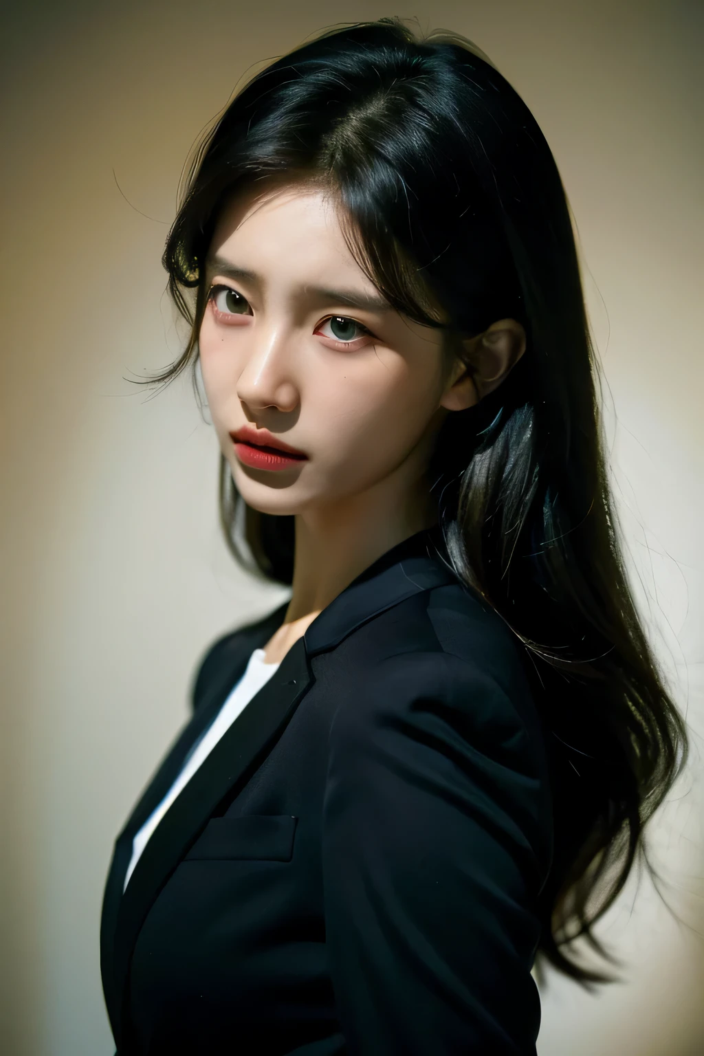 ((best quality)), ((masterpiece)), (detailed), perfect face, look with a straight face, frown, (black suit), (black blazer)
