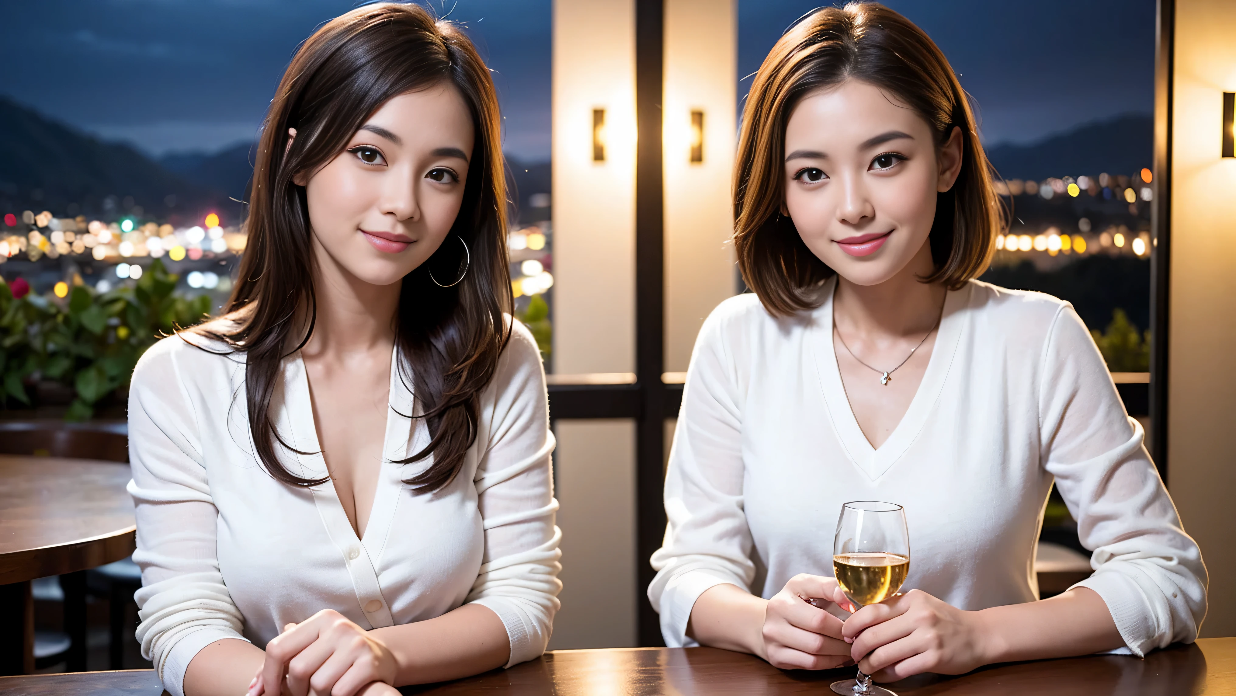 K, UHD, highest quality, masterpiece: 1.2), (realistic, photorealistic: 1.37), Spectacular view of the sunset sky and clouds、Amazing mountain views、A bright smile、3 slim beauties, (slim face),Happy、 the best smile、Fox face、Berry Short、(because I&#39;thin), (brown hair), (shortcut), long sleeve shirt、winter fashion、Japanese、Dutch、German、Portuguese、Belgian、Italian、French,Champagne、sparkling wine、 (gush out), (slim body), (brown hair), (shortcut), neat beauty、cheeks turn a little red, (40 years old), 38 years old, alone, A beautiful and detailed night view spreads out outside the window...., restaurant, wine glass is sitting, At night, in a prominent place (from the Upper body) nova frog style, actress, model, Upper body, White wine, slim, wine glass, Very beautiful night view, wine glass Put in the Middle, Happy smile, (smile: 1.15), 
