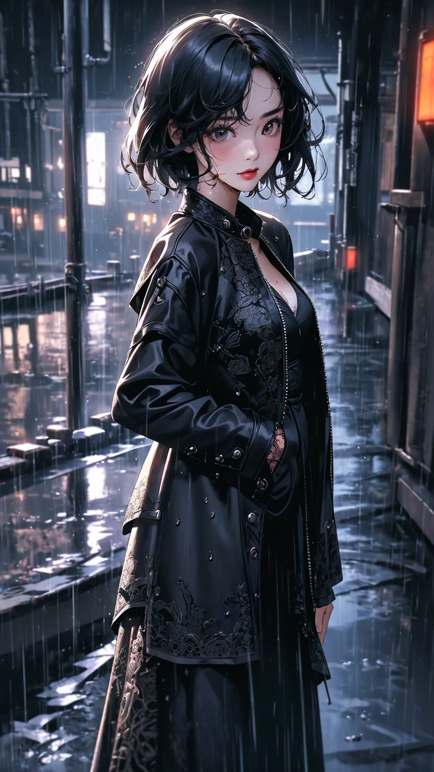 ((Highly detailed CG unit 8k wallpaper, masterpiece, High resolution, highest quality, highest qualityのリアルテクスチャスキン)), ((Hands in pockets pose:1.5, Fashion model posing with her back turned:1.2, A cool NY fashion girl influenced by nostalgic and inorganic mode fashion., detailed costume:1.2, Black complex lace layered maxi skirt and rider jacket combination:1.3, Monotone fashion, short hair, Nana Komatsu, hair wet with rainwater:1.3)), ((blurred background:1.2, An empty back alley with black and white graffiti art:1.2, Rain-soaked road surface)), ((Angle from above:1.3, Fisheye Shot:1.5)), hyper realistic, digital painting, concept art,