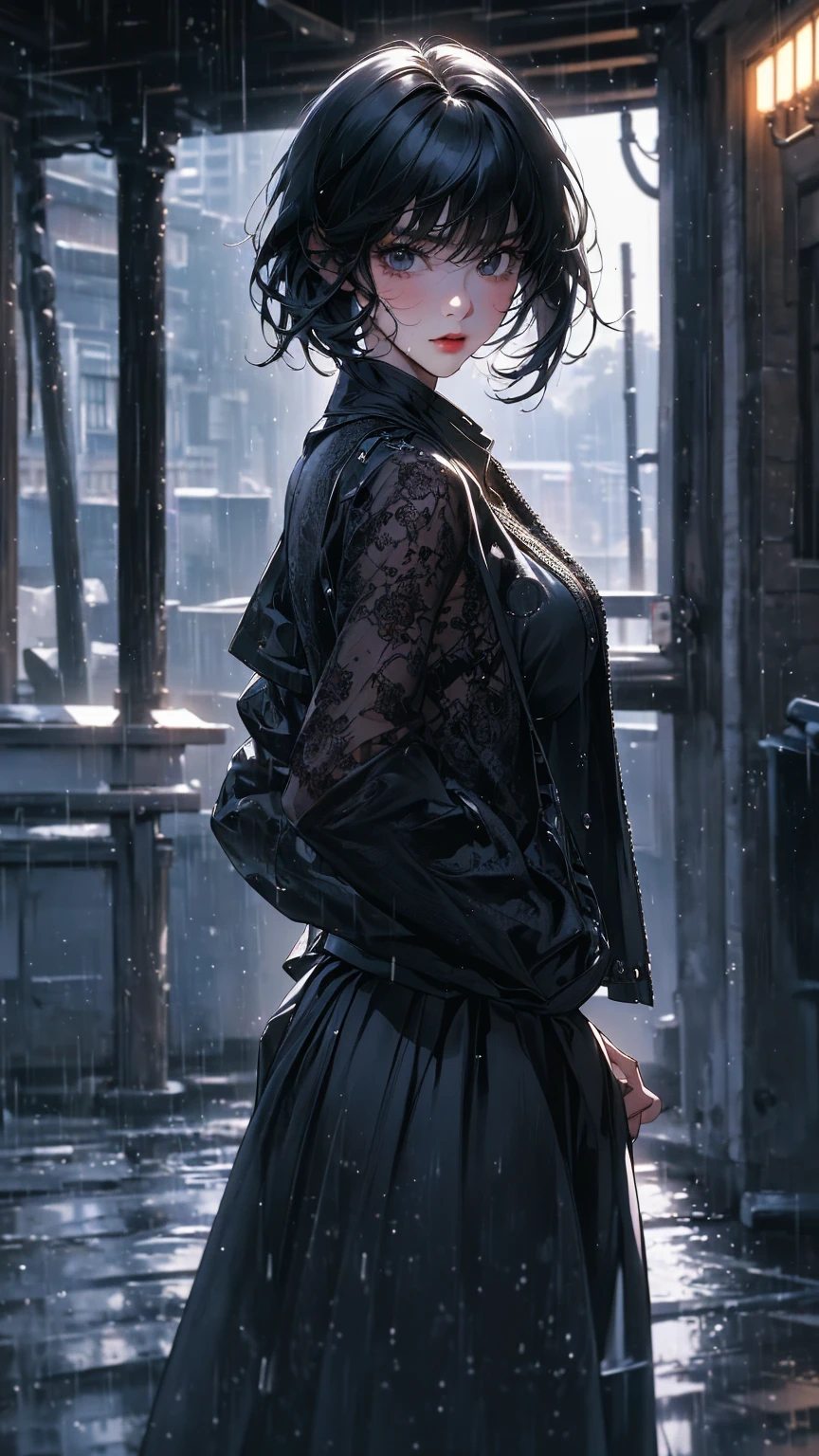 ((Highly detailed CG unit 8k wallpaper, masterpiece, High resolution, highest quality, highest qualityのリアルテクスチャスキン)), ((Hands in pockets pose:1.5, Fashion model posing with her back turned:1.2, A cool NY fashion girl influenced by nostalgic and inorganic mode fashion., detailed costume:1.2, Black complex lace layered maxi skirt and rider jacket combination:1.3, Monotone fashion, short hair, Nana Komatsu, hair wet with rainwater:1.3)), ((blurred background:1.2, An empty back alley with black and white graffiti art:1.2, Rain-soaked road surface)), ((Angle from above:1.3, Fisheye Shot:1.5)), hyper realistic, digital painting, concept art,