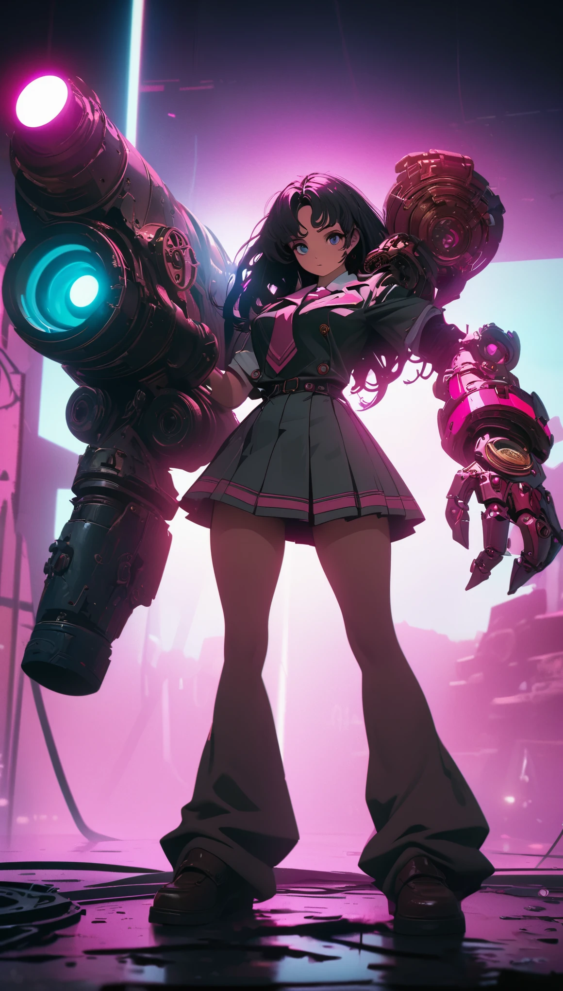Steampunk style jk school uniform girl,Holding a huge mechanical hand cannon,There is a black blurry shadow standing behind me,Beautiful,Glowing special effects,celluloid style,Flat coating,HD,CG art,comics,8K,looking into camera,high quality,illustration,Vaporwave style,rim light,CG art,movie lighting,Super detailed,complex,OC renderer,cinematic perspective,high resolution,movie lighting,