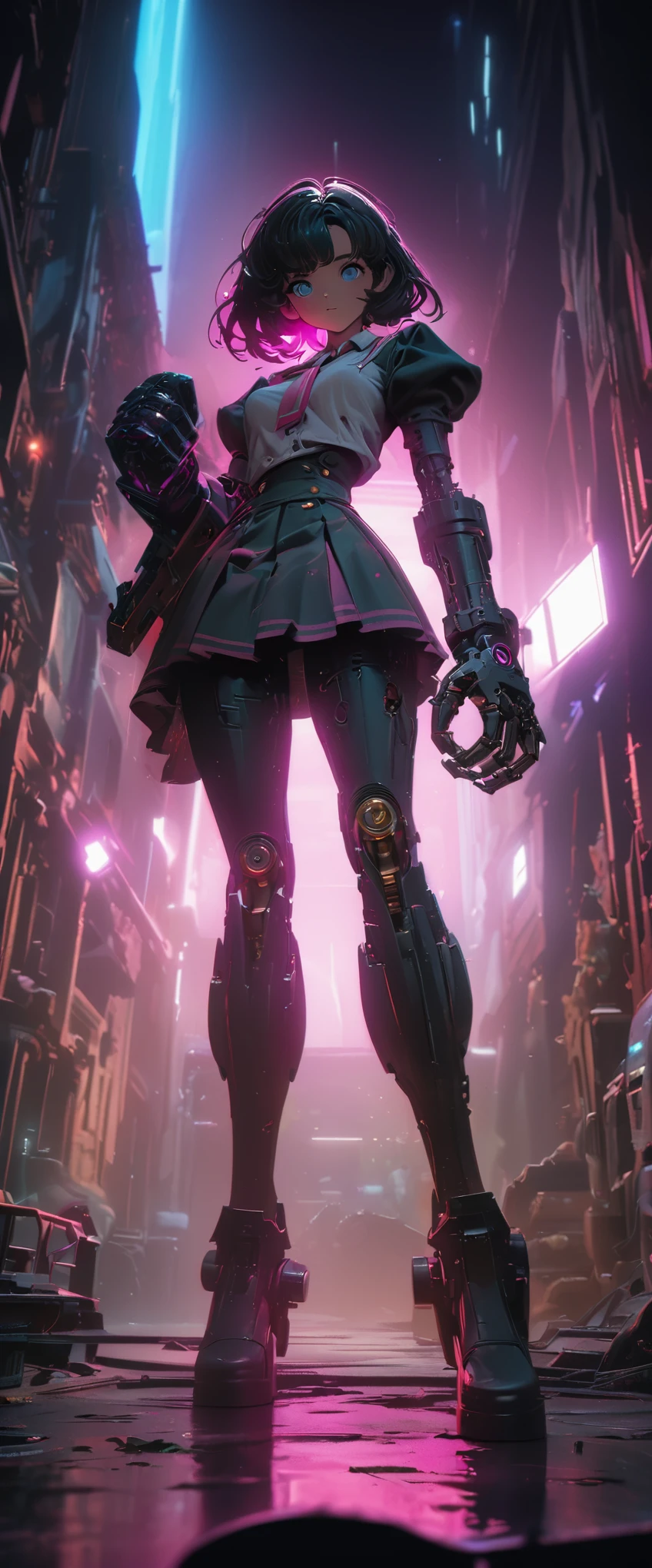 Steampunk style jk school uniform girl,Holding a huge mechanical hand cannon,There is a black blurry shadow standing behind me,Beautiful,celluloid style,Flat coating,HD,CG art,comics,8K,looking into camera,high quality,illustration,Vaporwave style,rim light,CG art,movie lighting,Super detailed,complex,OC renderer,cinematic perspective,high resolution,movie lighting,