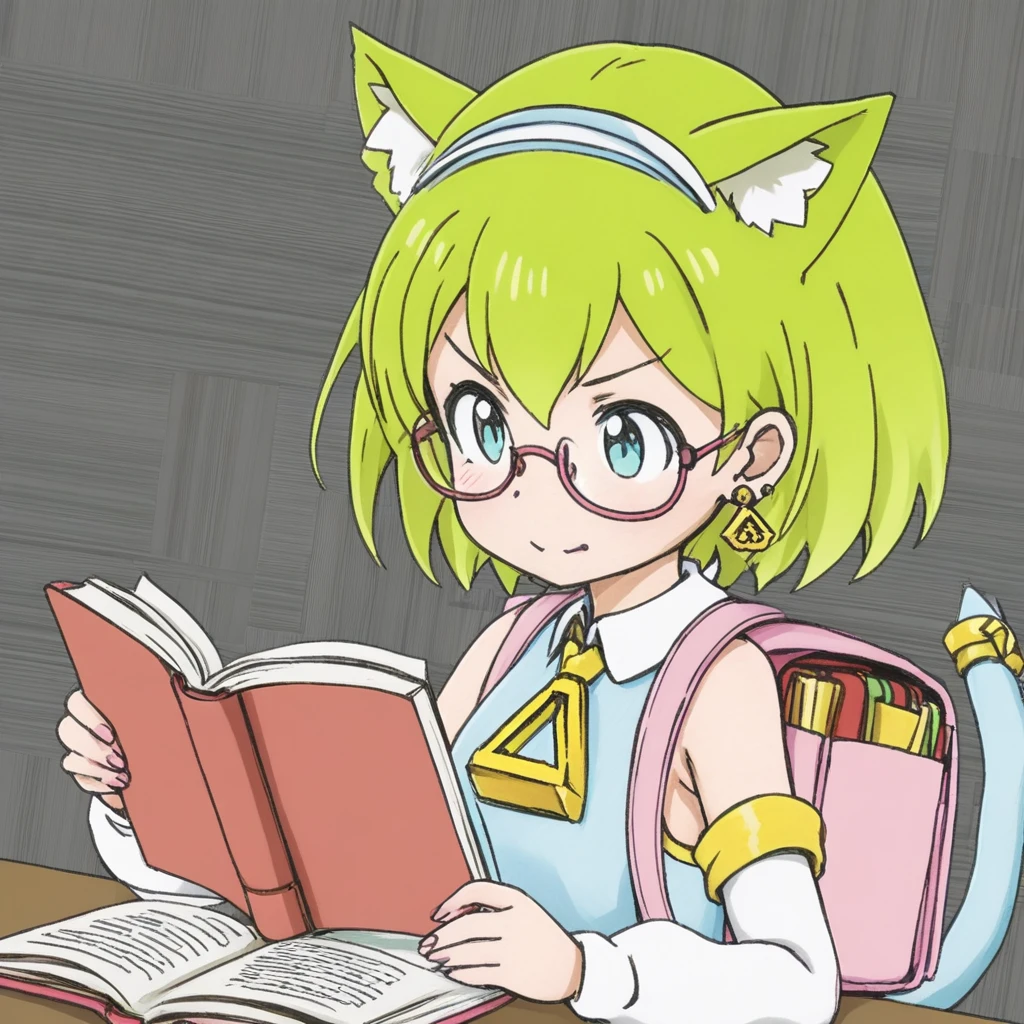 1 girl,Deltamon,blue tail,chibi character,Glasses,Study hard、I read a book