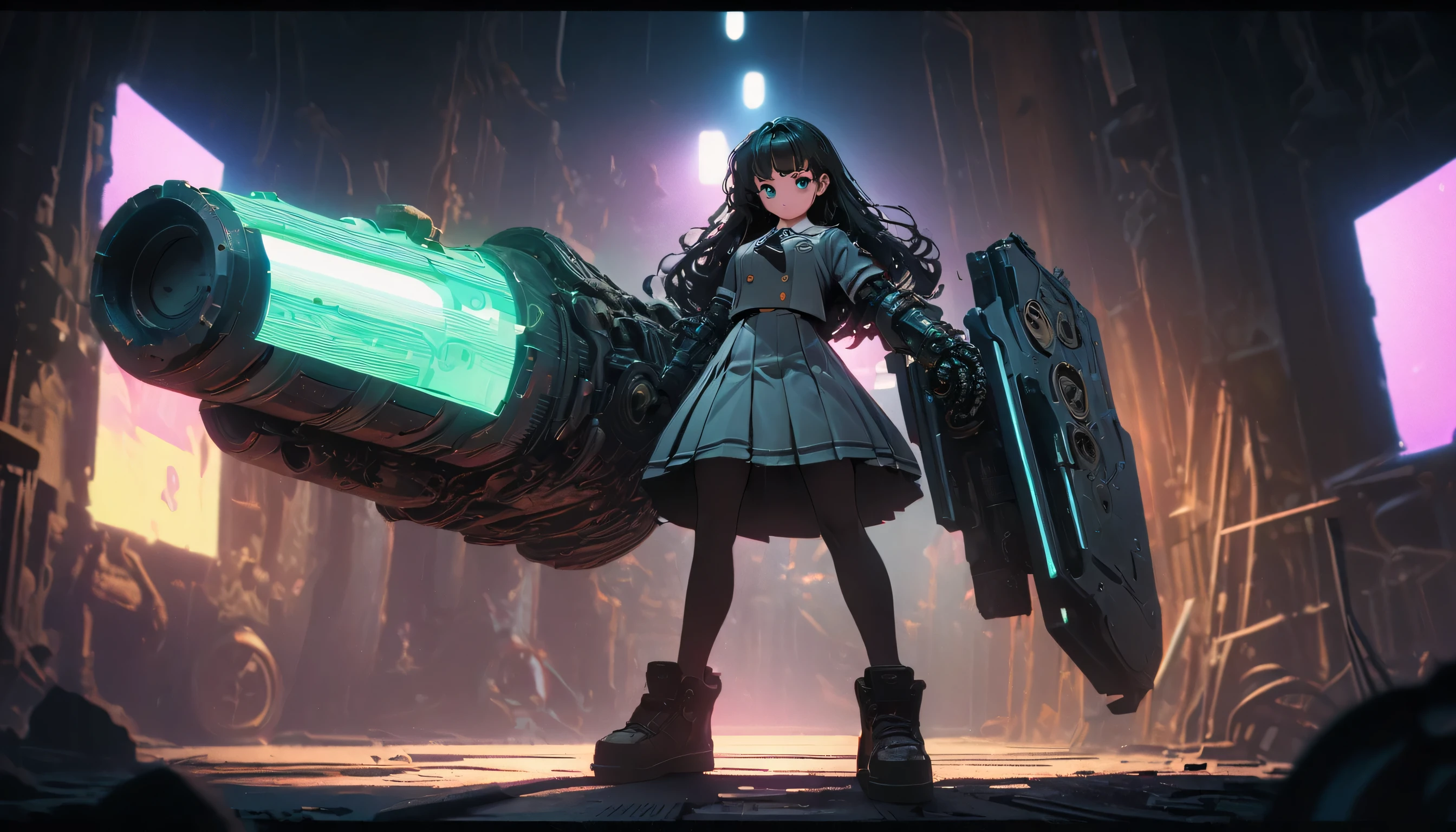 Steampunk style jk school uniform girl,Holding a huge mechanical hand cannon,There is a black blurry shadow standing behind me,Beautiful,celluloid style,Flat coating,HD,CG art,comics,8K,looking into camera,high quality,illustration,Vaporwave style,rim light,CG art,movie lighting,Super detailed,complex,OC renderer,cinematic perspective,high resolution,movie lighting,