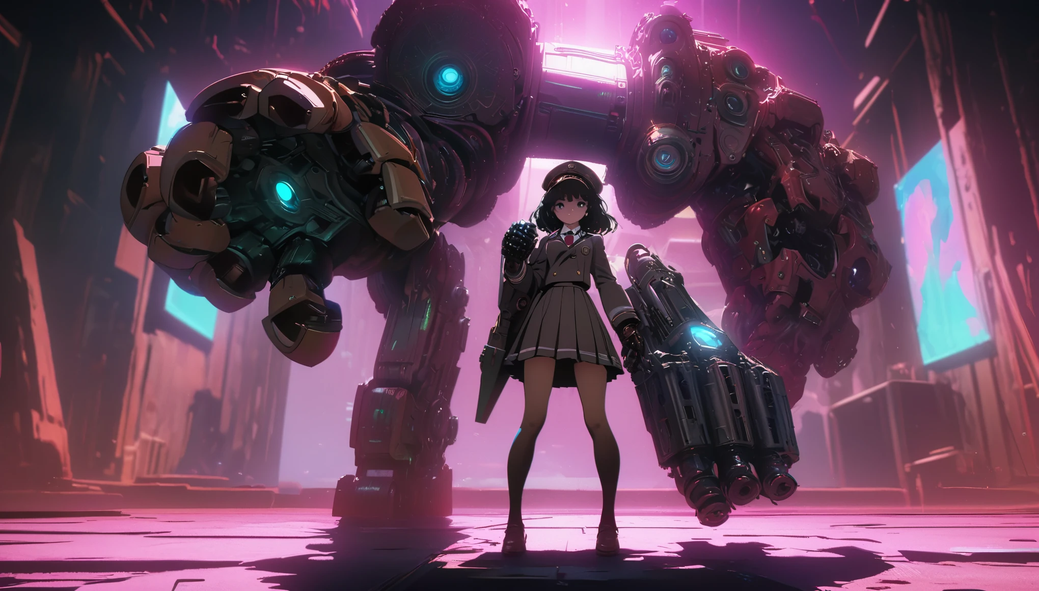 Steampunk style jk school uniform girl，Holding a huge mechanical hand cannon，There is a black blurry shadow standing behind me，Beautiful，celluloid style，Flat coating，HD，CG art，comics，8K，looking into camera，high quality，illustration，Vaporwave style，rim light，CG art，movie lighting，Super detailed，complex，OC renderer，cinematic perspective，high resolution，movie lighting， 