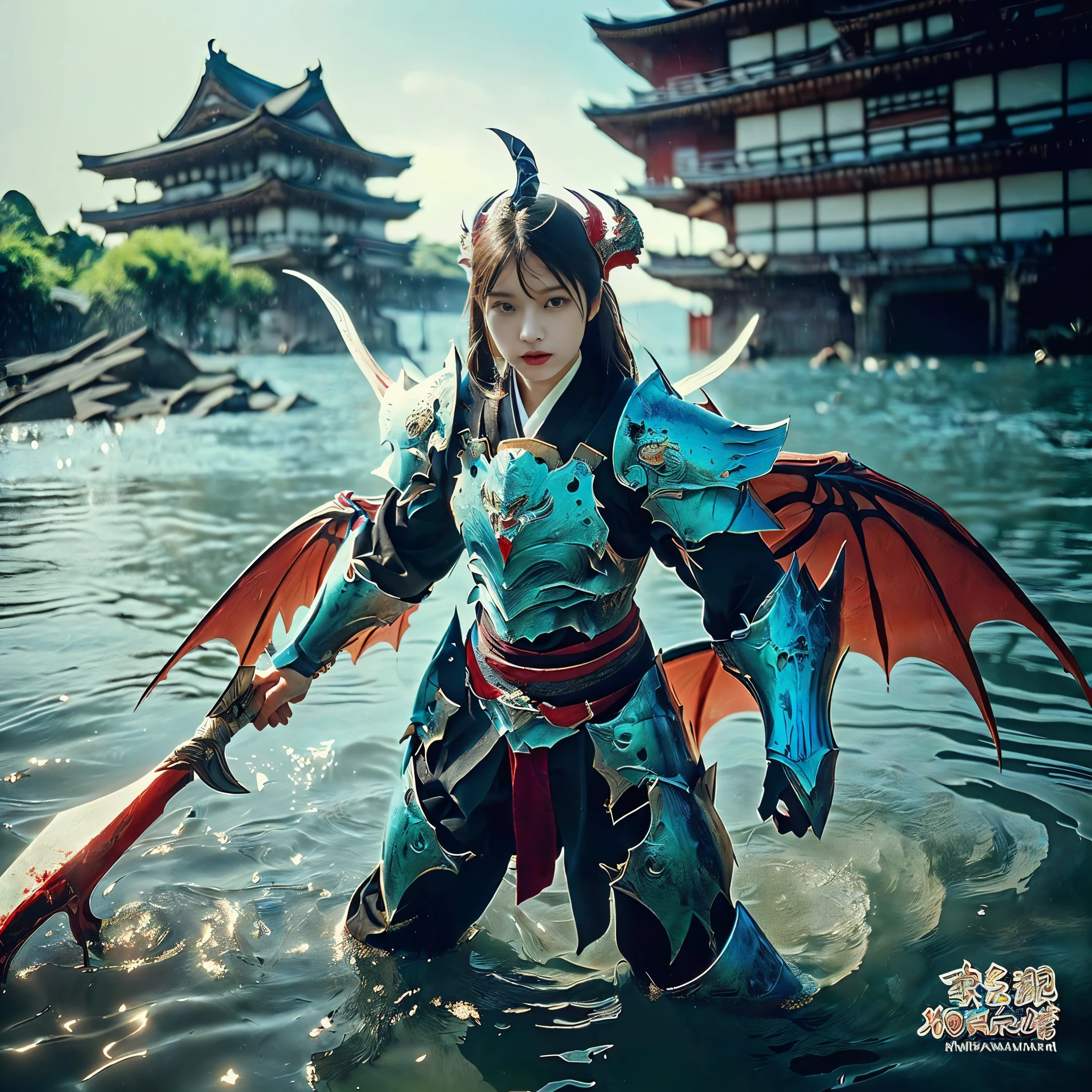 (((Realistic, masterpiece, best quality, crisp detail, high definition, high detail, very rich detail, sharp focus, sharp detail, colorful, rich color, perfect studio lightning))), ((20 years old, beautiful goddes of water, floating, aqua color hair)),(((in the middle of war, epic war scene, attack stance))), wearing (((beautiful decorated blue heavy armor, water dragon armor, decorated full body armor, fully armored beautiful kimono, wide water diabolos wings))), (holding giant blade), (((blood everywhere, death everywhere, japan bakumatsu period, dead bodies,carcass, drowned japanese castle, catastrophic tsunami, flood, three headed water dragon)) flooded traditional village background, leviathan), heavy rain,