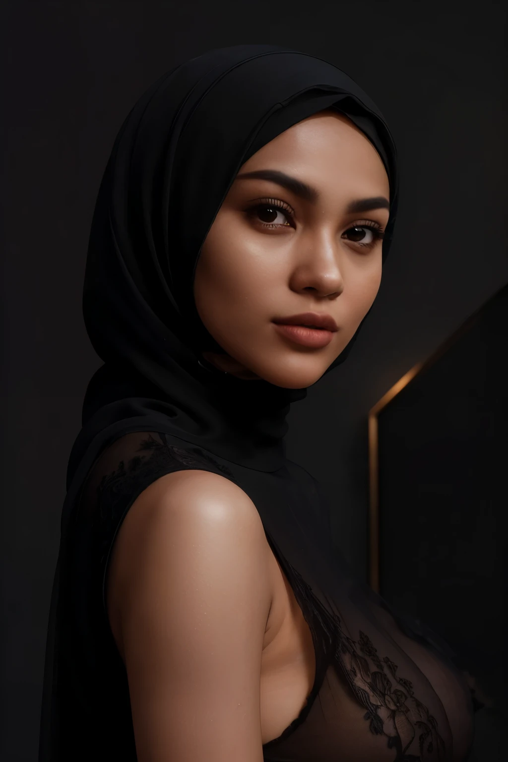 In this photograph, an Indonesian Instagram female model in her mid-20s takes center stage. , (highly detailed face:1.4) (smile:0.7) (backround 5 star hotel , moody, private study:1.OV, by lee jeffries, nikon d850, film stock photograph ,4 kodak portra 400 ,camera f1.6 lens ,rich colors ,hyper realistic ,lifelike texture, dramatic lighting , cinestill 800, realistic, wearing Black brocade lingerie, she wears a luxury brocade hijab, ((hijab)), actress, karla ortiz, posing!!, candid picture, by Max Dauthendey,Completing the aesthetic, the model show her breast. ((big breast:1.3)), yo can see the nipple visible,The photograph is meticulously captured in 8K resolution using cutting-edge techniques such as Cinema 4D and Octane Render, resulting in a highly detailed and photorealistic image. Studio lighting, HDR, and a smoky mist create a captivating ambiance, while the bokeh effect adds an artistic touch, put details on fingers