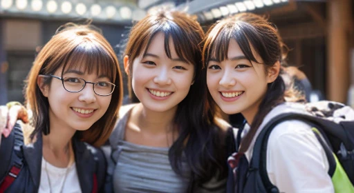 Photo taken between friends on a school trip in Japan, showing the left hand of the woman on the far left, which is not visible.