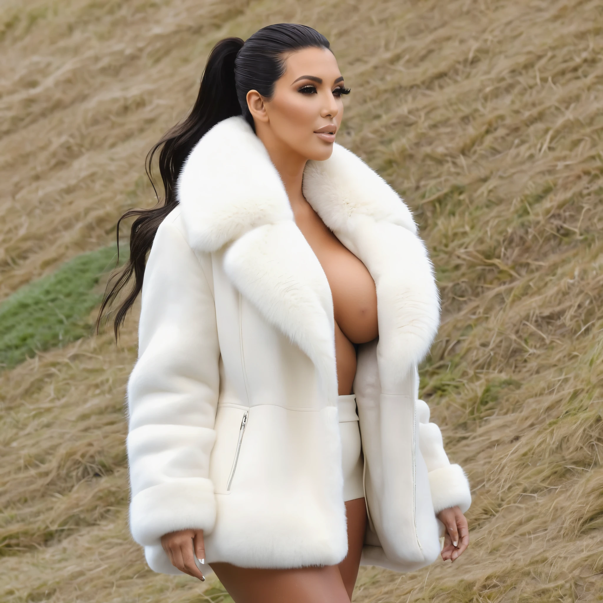 A very wide and very thick, manteau de fourrure extra court, en vison blanc, fifty centimeters thick, duveteux, naturel, with an ultra thick white mink fur collar, three layers, sur Kim Kardashian, fully nude profile view, bare shoulders, and two large breast discovered by the fur, at sunny Pebble Beach golf