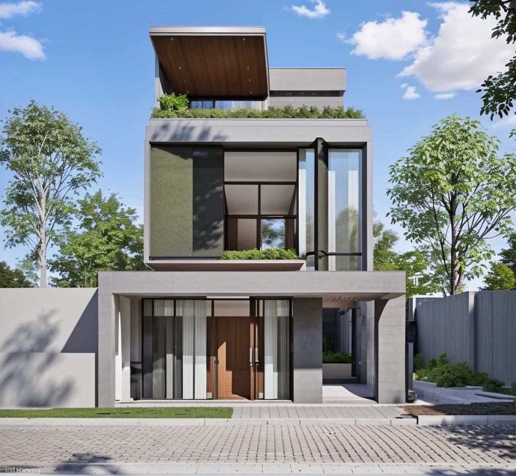 (Stunning residence) architecture, modern house design, brick title decor on the front face, seamless integration with nature, floor-to-ceiling windows, open concept living spaces, minimalist aesthetics, natural lighting, sleek finishes, panoramic landscape, sidewalk and street in front of the house, real human model