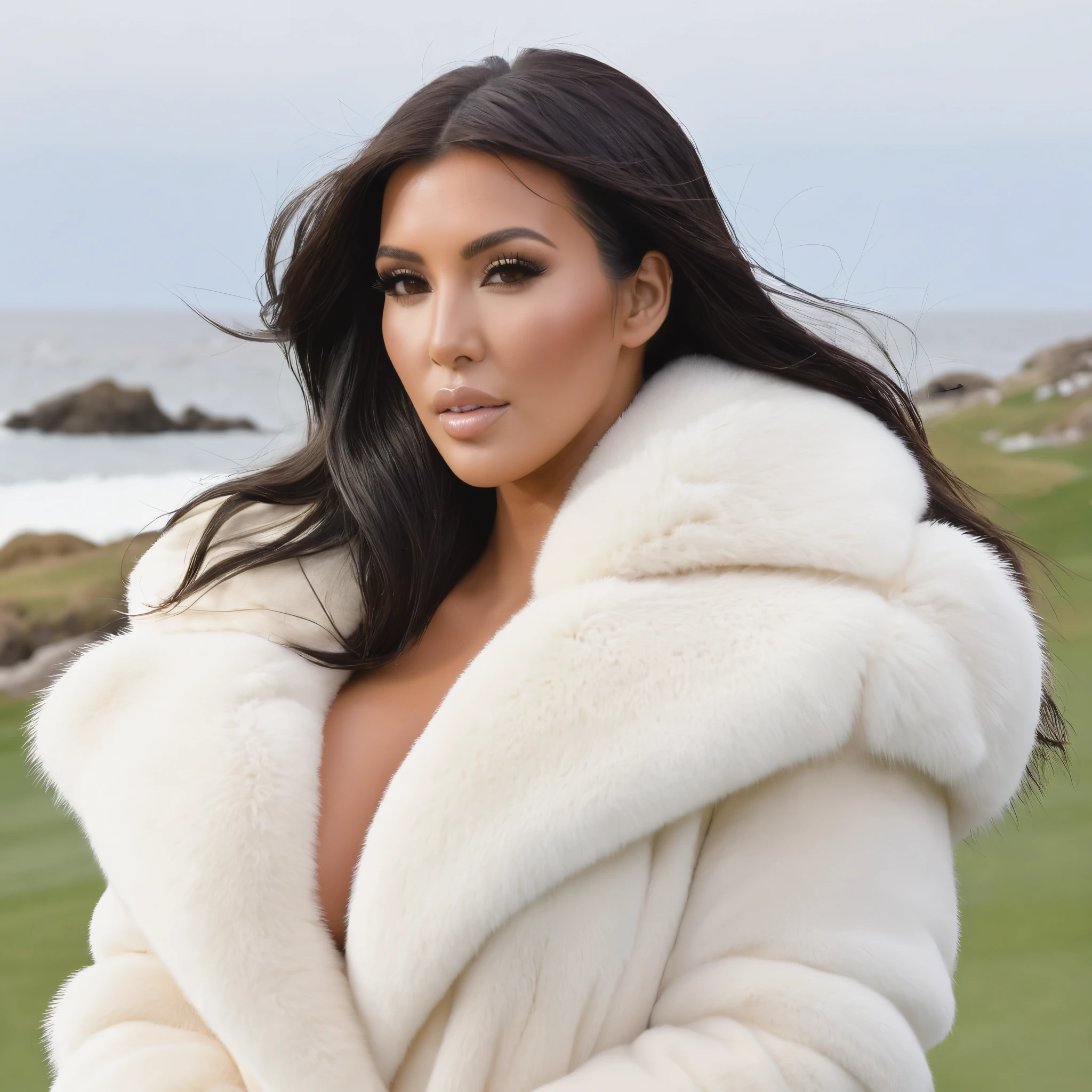 A very wide and very thick, manteau de fourrure extra court, en vison blanc, fifty centimeters thick, duveteux, naturel, with an ultra thick white mink fur collar, three layers, sur Kim Kardashian, fully nude profile view, bare shoulders, and two large breast discovered by the fur, at sunny Pebble Beach golf