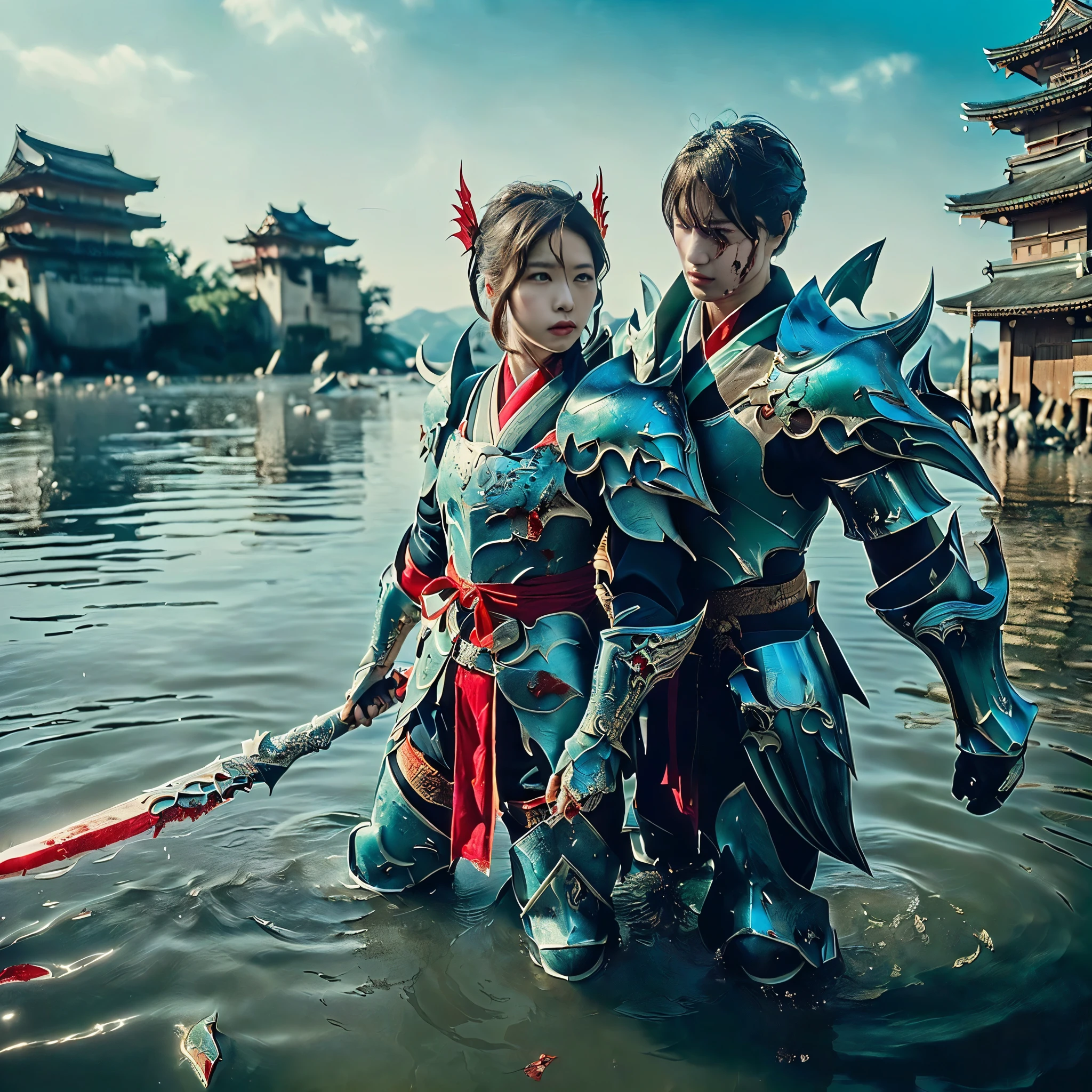 (((Realistic, masterpiece, best quality, crisp detail, high definition, high detail, very rich detail, sharp focus, sharp detail, colorful, rich color, perfect studio lightning))), ((20 years old, beautiful goddes of water, floating, aqua color hair)),(((in the middle of war, epic war scene, attack stance))), wearing (((beautiful decorated blue heavy armor, water dragon armor, decorated full body armor, fully armored beautiful kimono, wide water diabolos wings))), (holding giant blade), (((blood everywhere, death everywhere, japan bakumatsu period, dead bodies,carcass, drowned japanese castle, catastrophic tsunami, flood, three headed water dragon)) flooded traditional village background, leviathan), heavy rain,