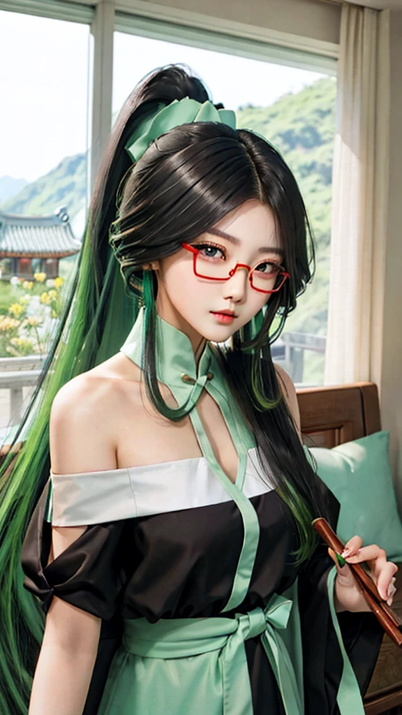 masterpiece, best quality, very aesthetic, absurdres, 1girl, mature_lady,animetoreal,realistic,photorealistic, smile,,1boy, baizhu \(genshin impact\), genshin impact, long hair, green hair, snake, glasses, hair between eyes, hair ornament, jewelry, yellow eyes, shirt, braid,Colonial,floating_clothes