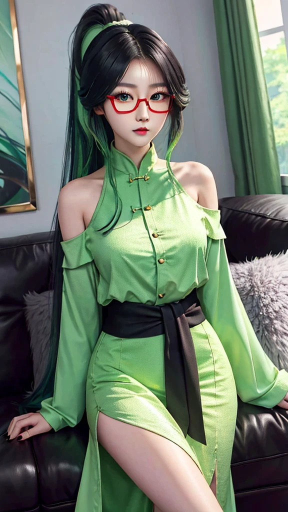 Close-up of a long-haired woman wearing a white dress,Off the shoulders， young cute korean face, Cute and natural anime face, cute thin face of girl with long hair and harsh eyes, korean girl, 10,000 cute Korean faces, beautiful korean woman, beautiful anime girl, Urzan, Stunning anime face portraits, girl, Gorgeous young Chinese woman，Black hair and green hair, Long ponytail, light green eyes,red glasses，Red Half-rimmed Glasses，big ，above waist