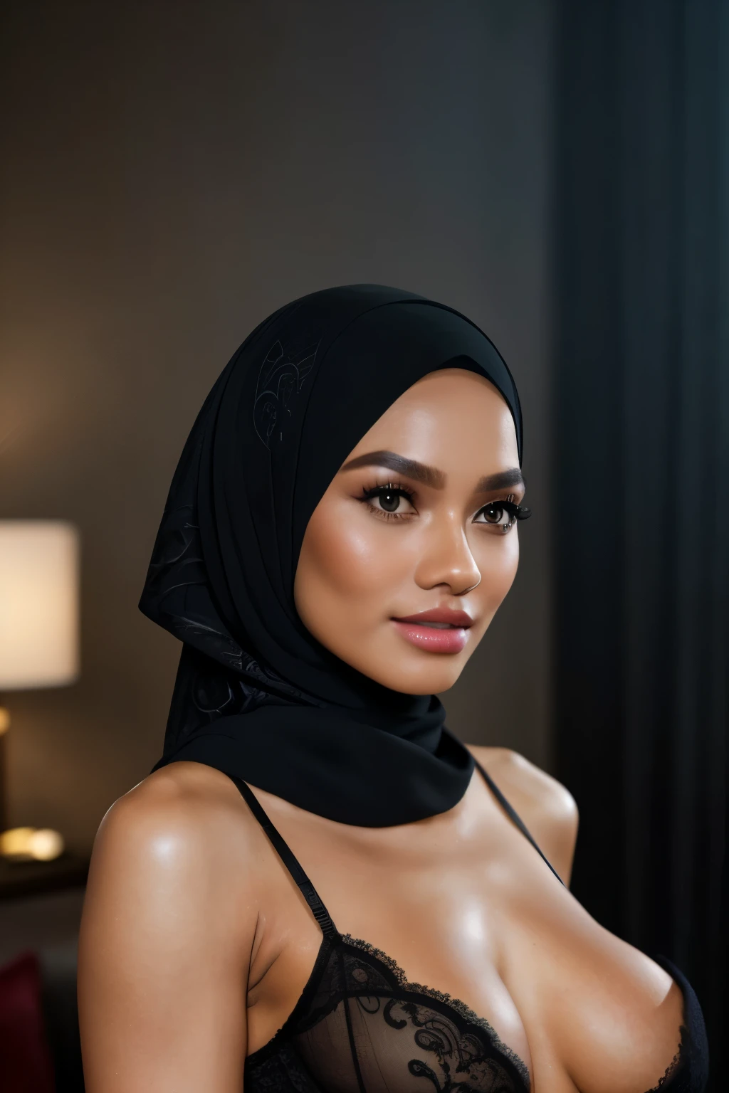 In this photograph, an Indonesian Instagram female model in her mid-20s takes center stage. , (highly detailed face:1.4) (smile:0.7) (backround 5 star hotel , moody, private study:1.OV, by lee jeffries, nikon d850, film stock photograph ,4 kodak portra 400 ,camera f1.6 lens ,rich colors ,hyper realistic ,lifelike texture, dramatic lighting , cinestill 800, realistic, wearing Black brocade lingerie, luxury victoria secret lingerie, she wears a luxury brocade hijab, ((hijab)), actress, full body shot, posing!!, candid picture, by Max Dauthendey,Completing the aesthetic, the model show her breast. ((big breast:1.5)), yo can see the nipple visible,The photograph is meticulously captured in 8K resolution using cutting-edge techniques such as Cinema 4D and Octane Render, resulting in a highly detailed and photorealistic image. Studio lighting, HDR, and a smoky mist create a captivating ambiance, while the bokeh effect adds an artistic touch, put details on fingers, sexy body, posing straight facing camera