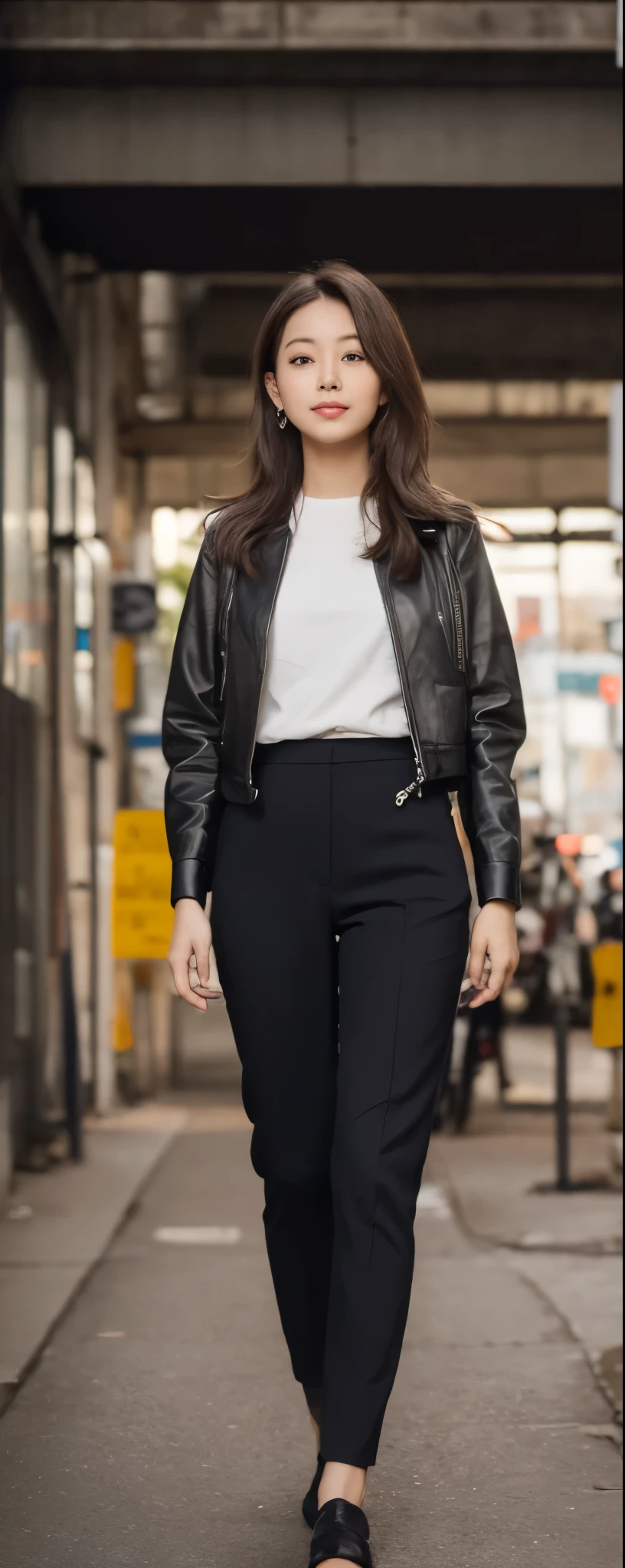 masuterpiece, Best Quality, Illustration, Ultra-detailed, finely detail, hight resolution, 8K Wallpaper, Perfect dynamic composition, from front, Beautiful detailed eyes, ,Medium wavy Hair, wearing oversize rider jacket:1.2, long pants, Natural Color Lip, Random and sexy poses,Smile, Aoyama Street Walk, 28 years girl